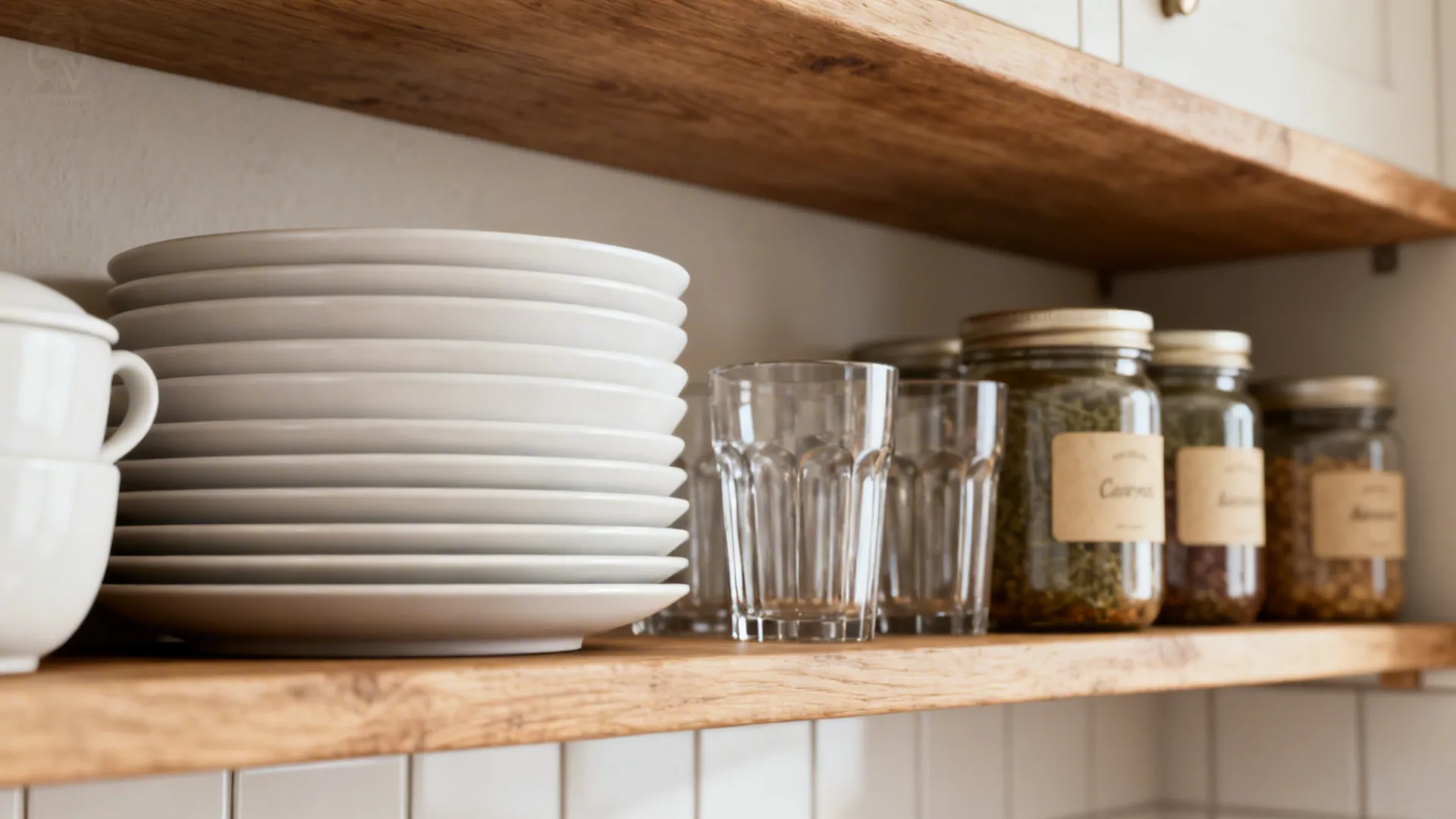Open wooden kitchen shelf with neatly arranged everyday dishes and labeled jars under soft daylight