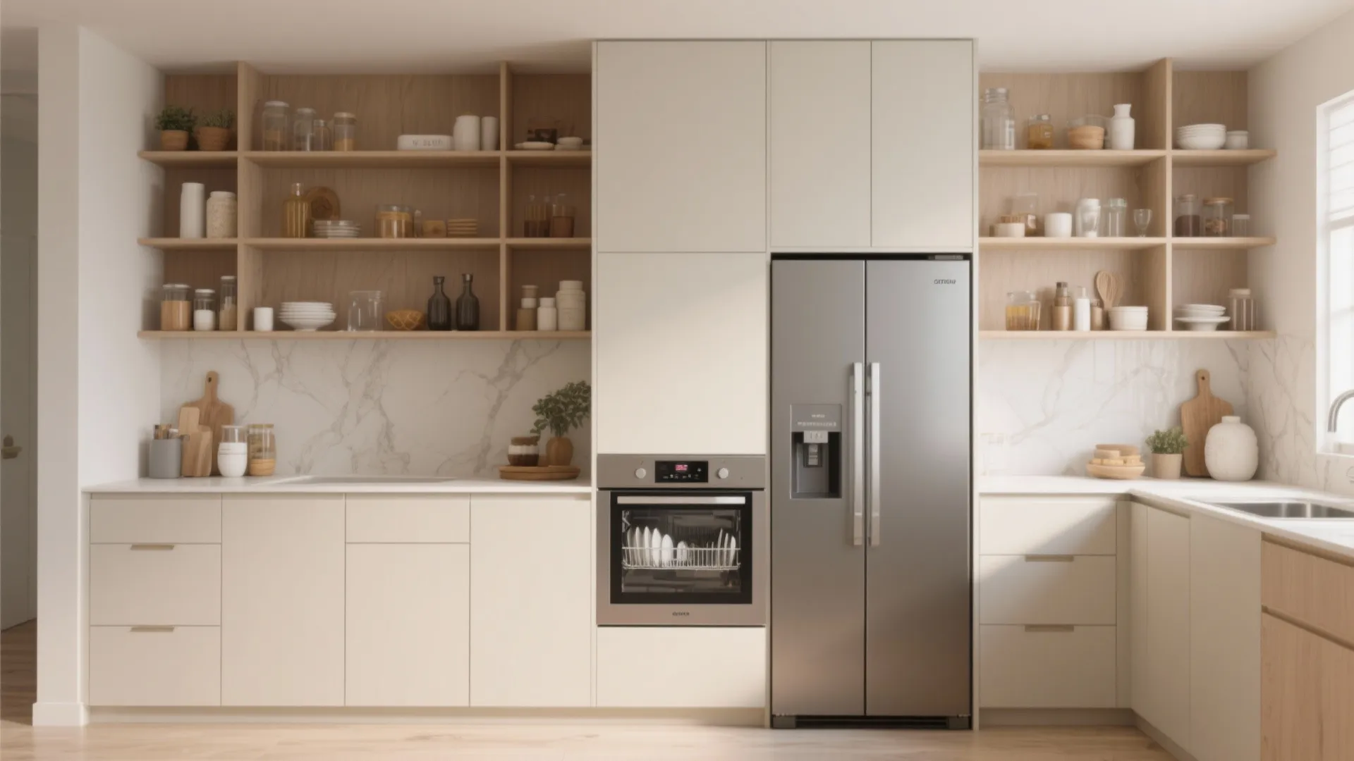 Modern white kitchen cabinets with wood open shelves holding jars beside a large silver refrigerator