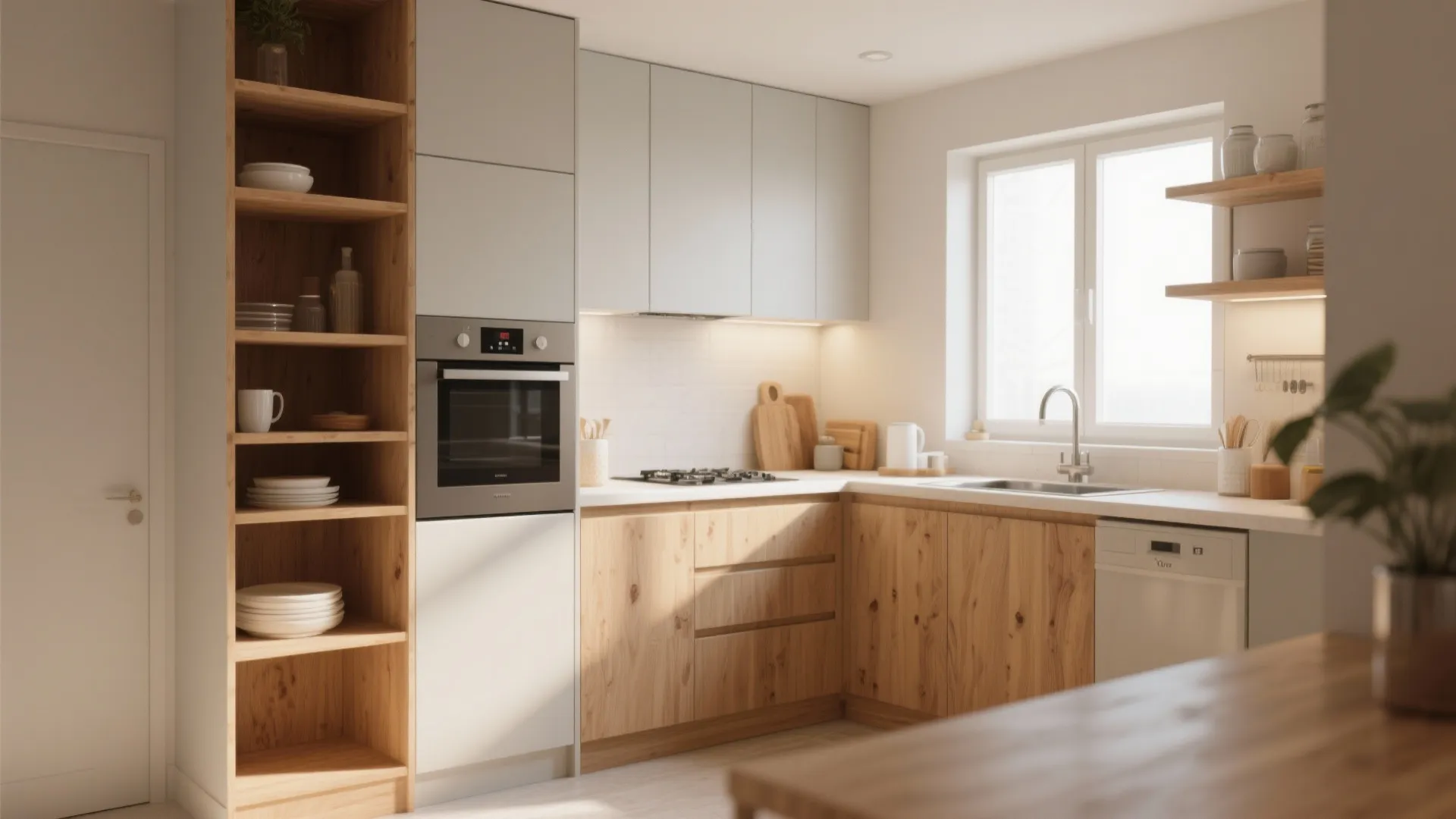 1. Open Shelving Meets Hidden Cabinets