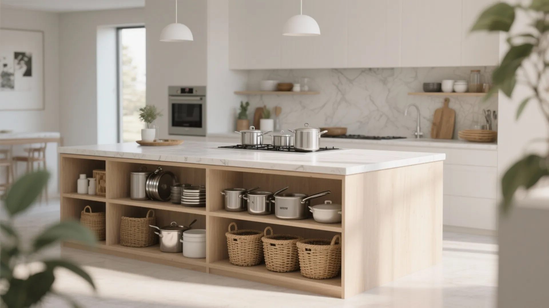 Wooden kitchen island with open shelves holding woven baskets and metal pots in bright kitchen room