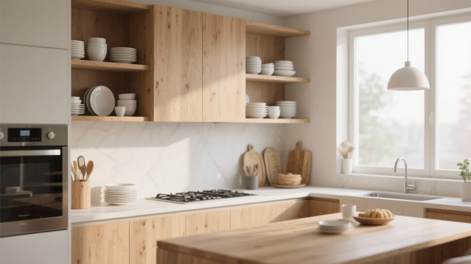 Bright kitchen featuring open wood shelves with white dishes marble walls and a central island