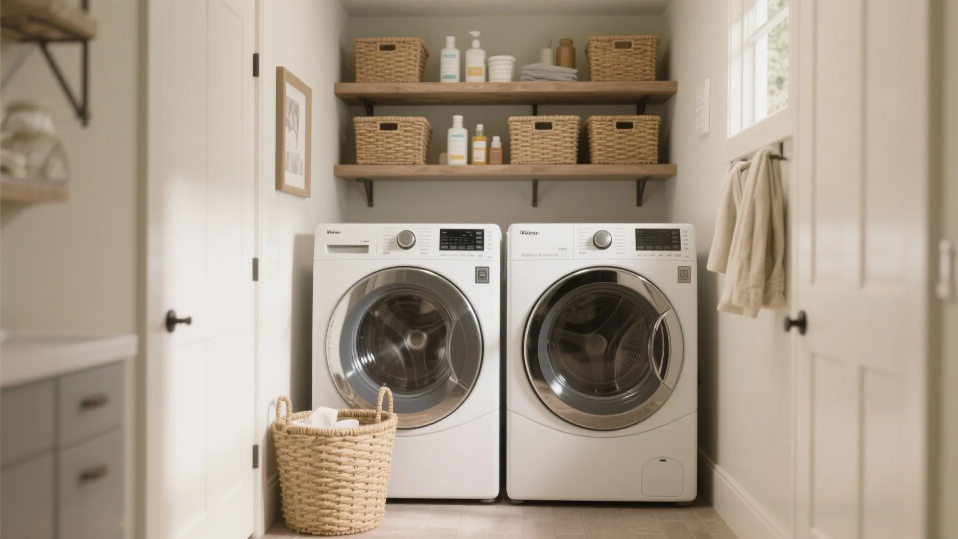 5. Laundry wall with open shelving