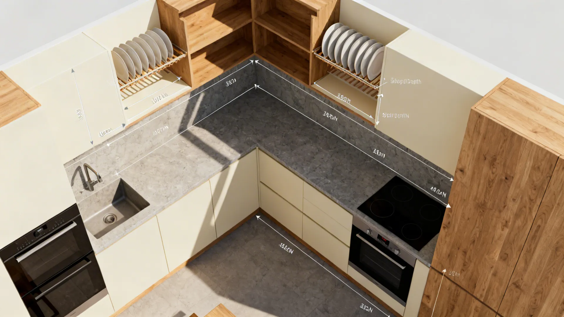 Top-down view of an L-shaped small kitchen showing open shelves and a plate rack layout.