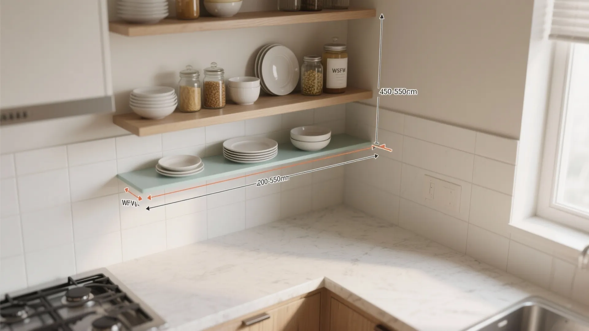 Open shelves with disciplined styling