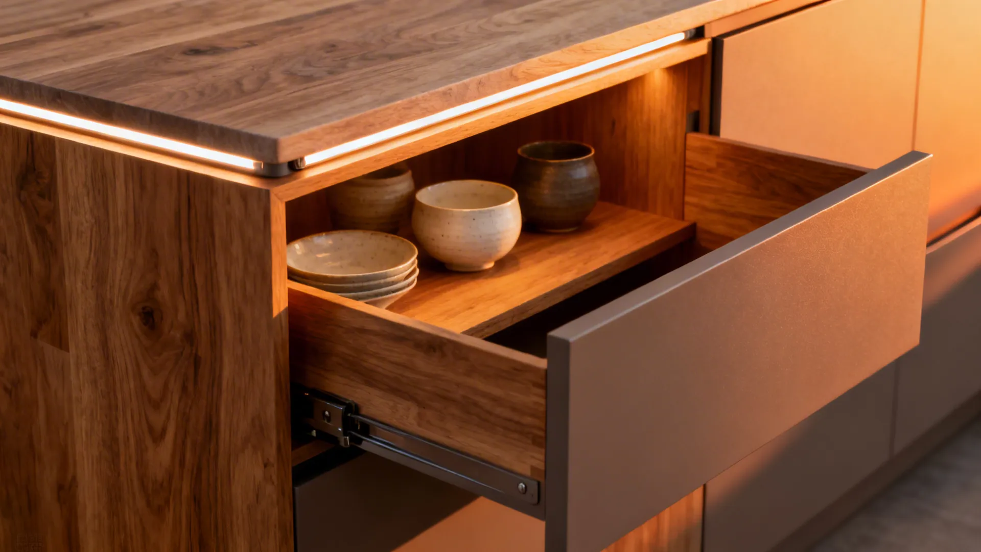 LED-lit oak display shelf on island with adjacent matte drawer front detail.