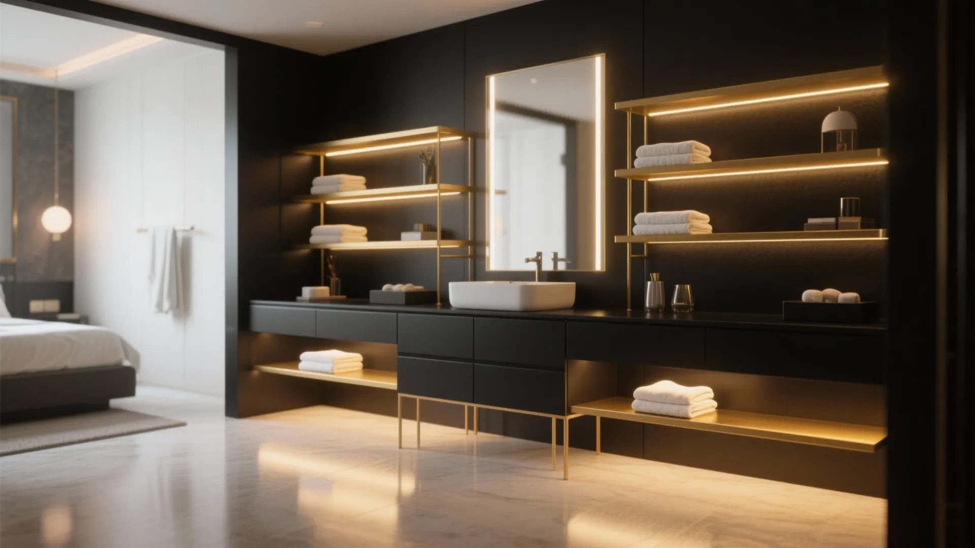 5. Black vanity with gold open shelving and LED accents