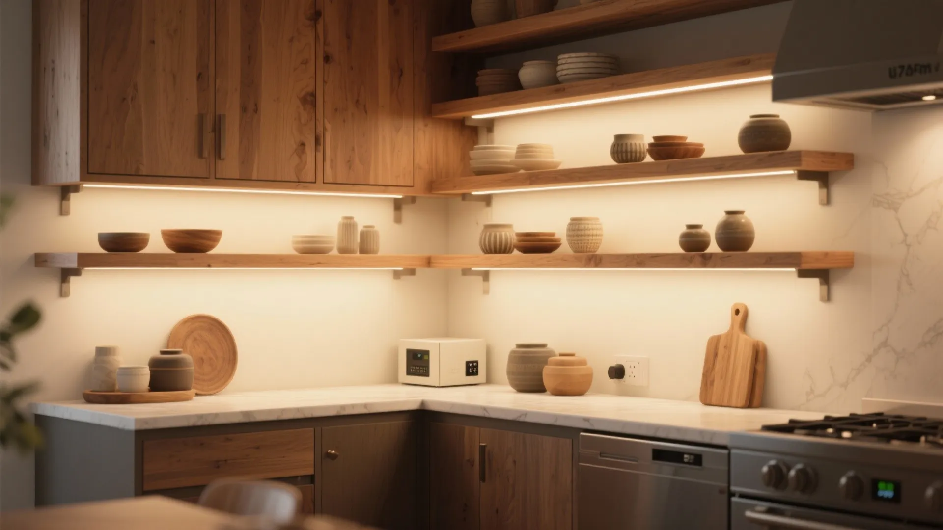 Open shelving with under-shelf wall lights