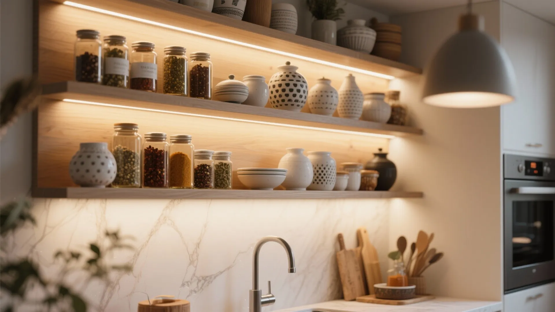 Modern kitchen with wood shelves featuring warm light fixtures glass jars ceramic bowls and white sink