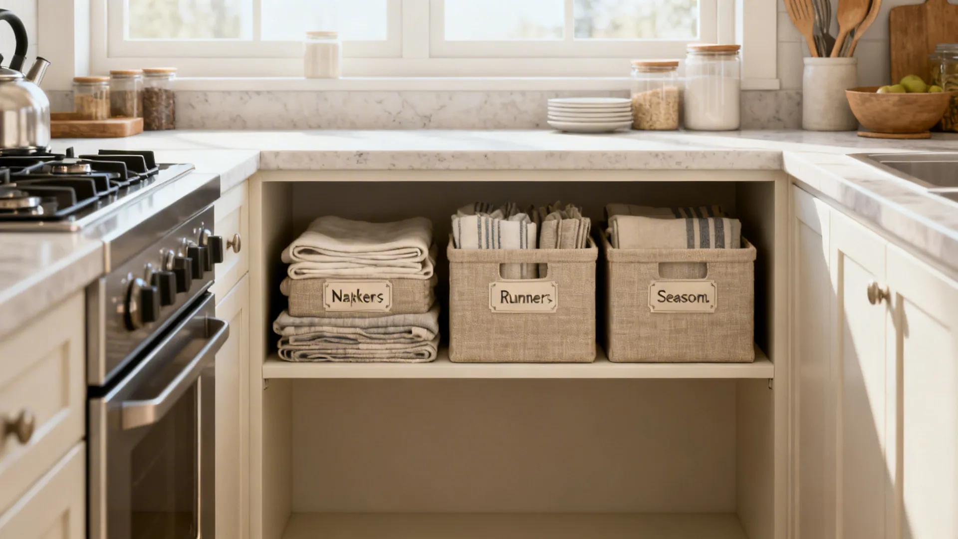 Open Shelf with Linen Boxes