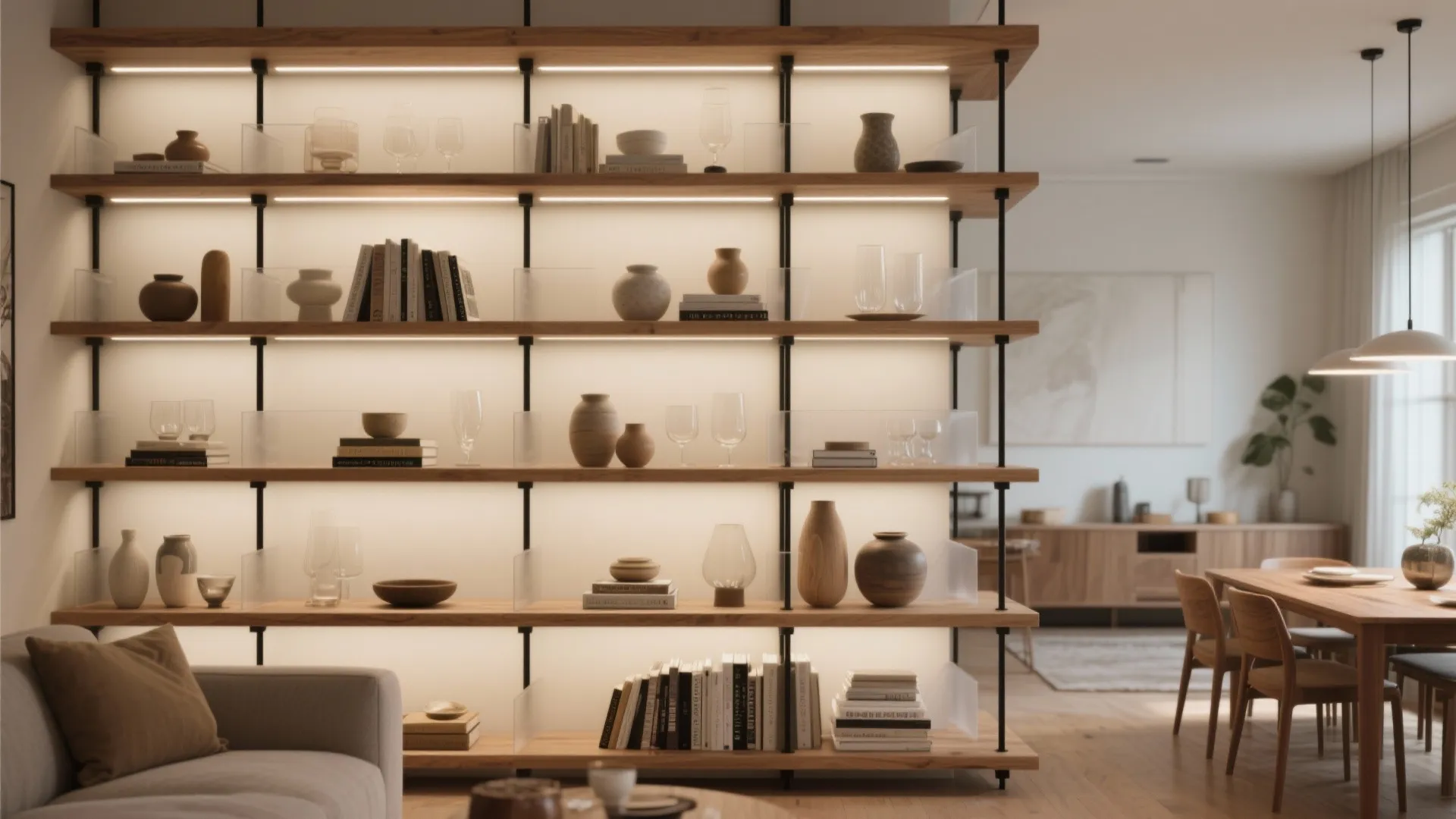 Open Shelving Divider with Integrated Lighting