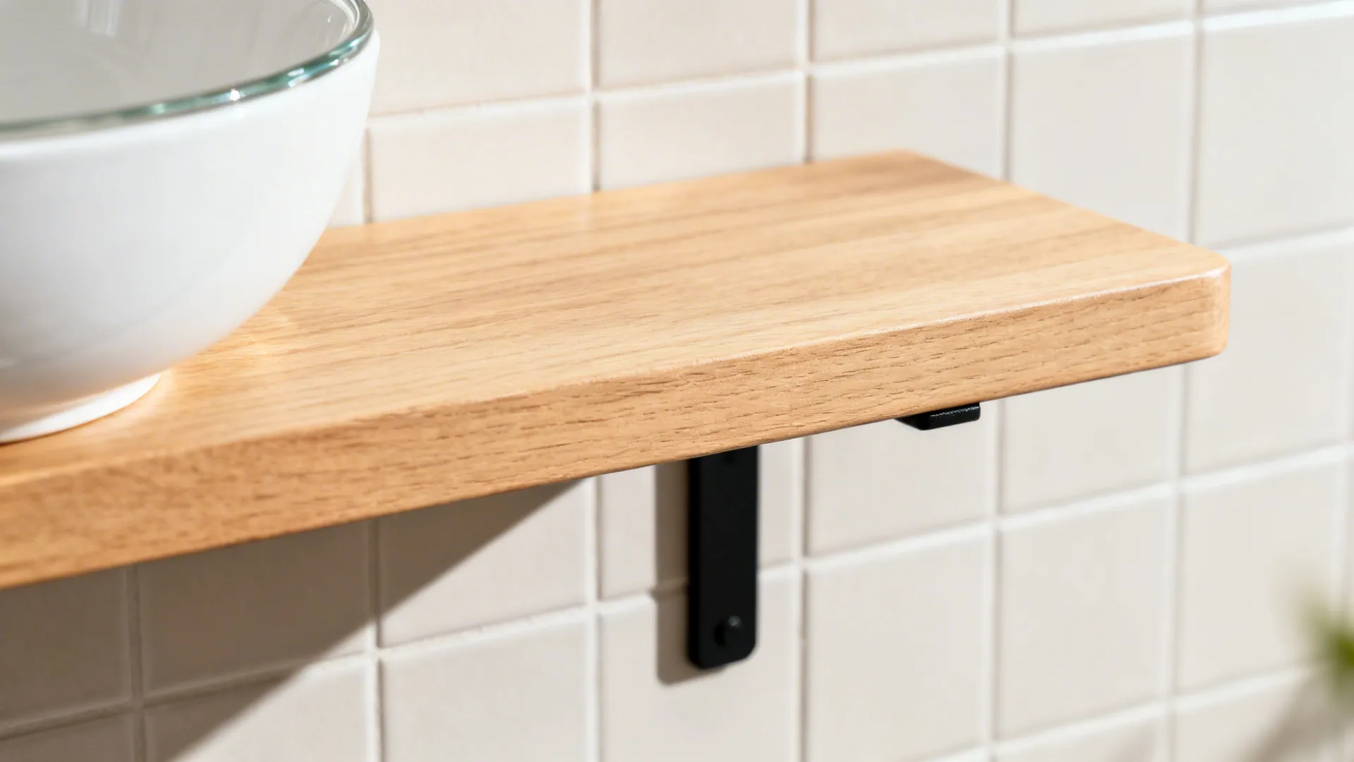 Close-up of light oak shelf with discreet black bracket and white dish.