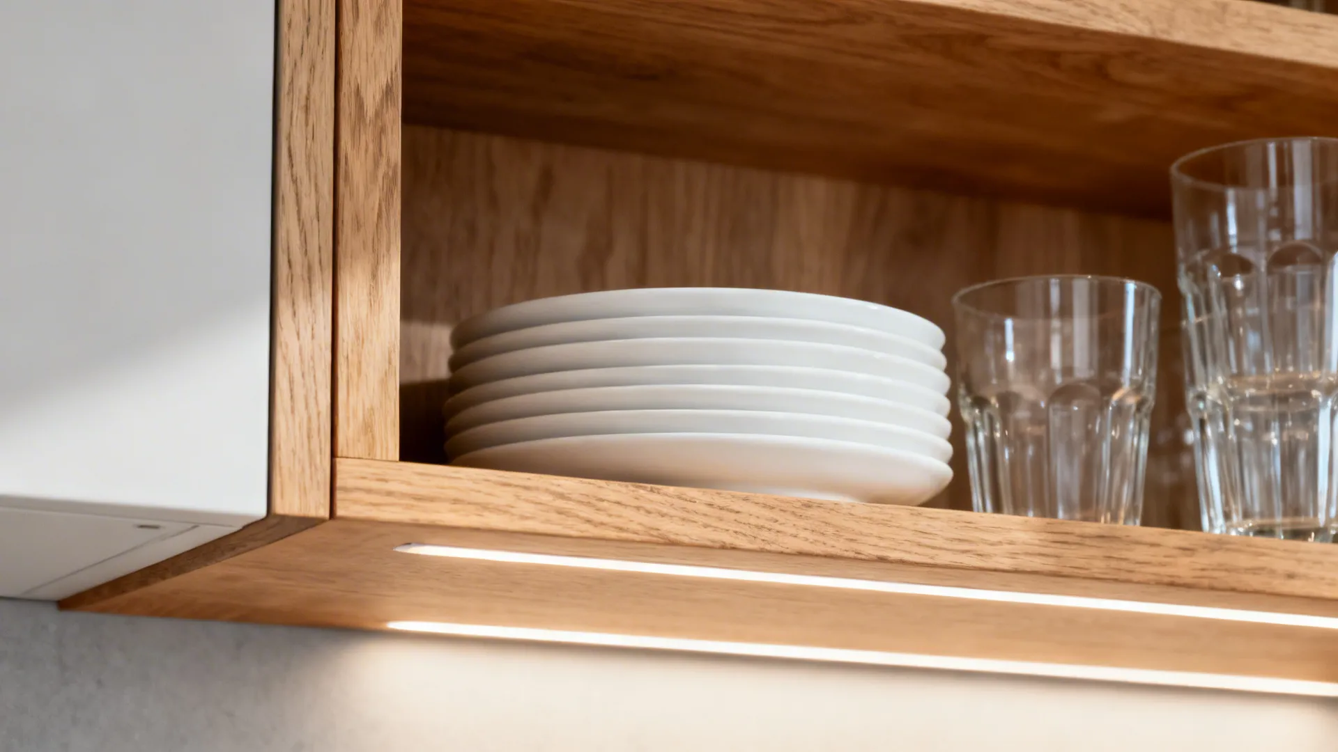 Macro of oak shelf with LEDs highlighting white plates and clear glassware.