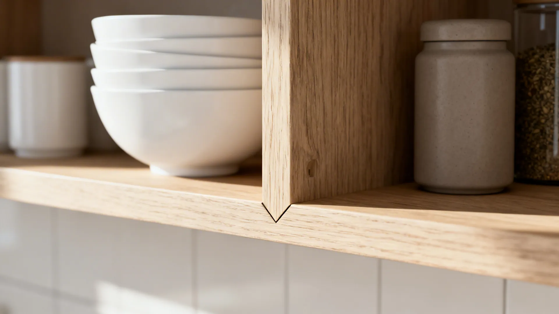 Close-up of light ash shelf edge with fine wood grain and stacked bowls.