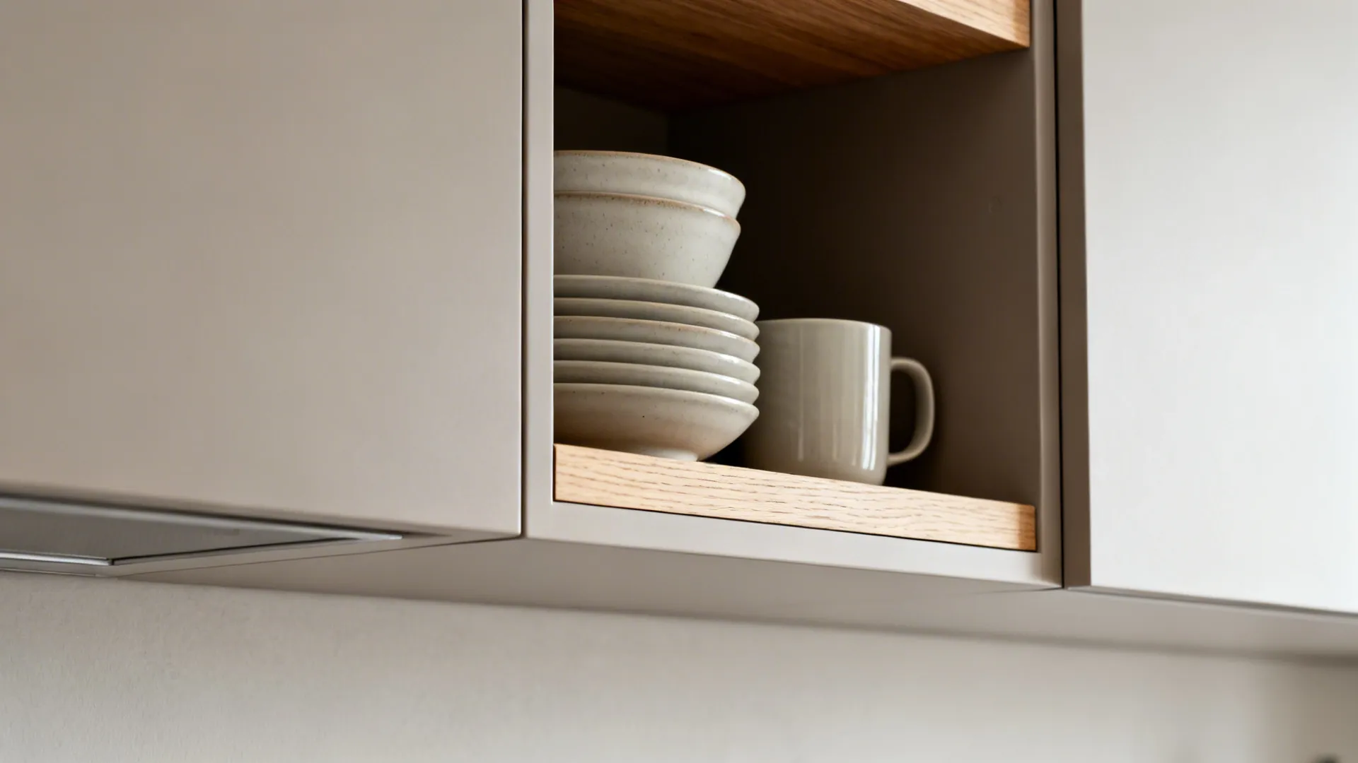 Macro view of a neat open kitchen shelf between slim matte uppers with mugs and bowls.