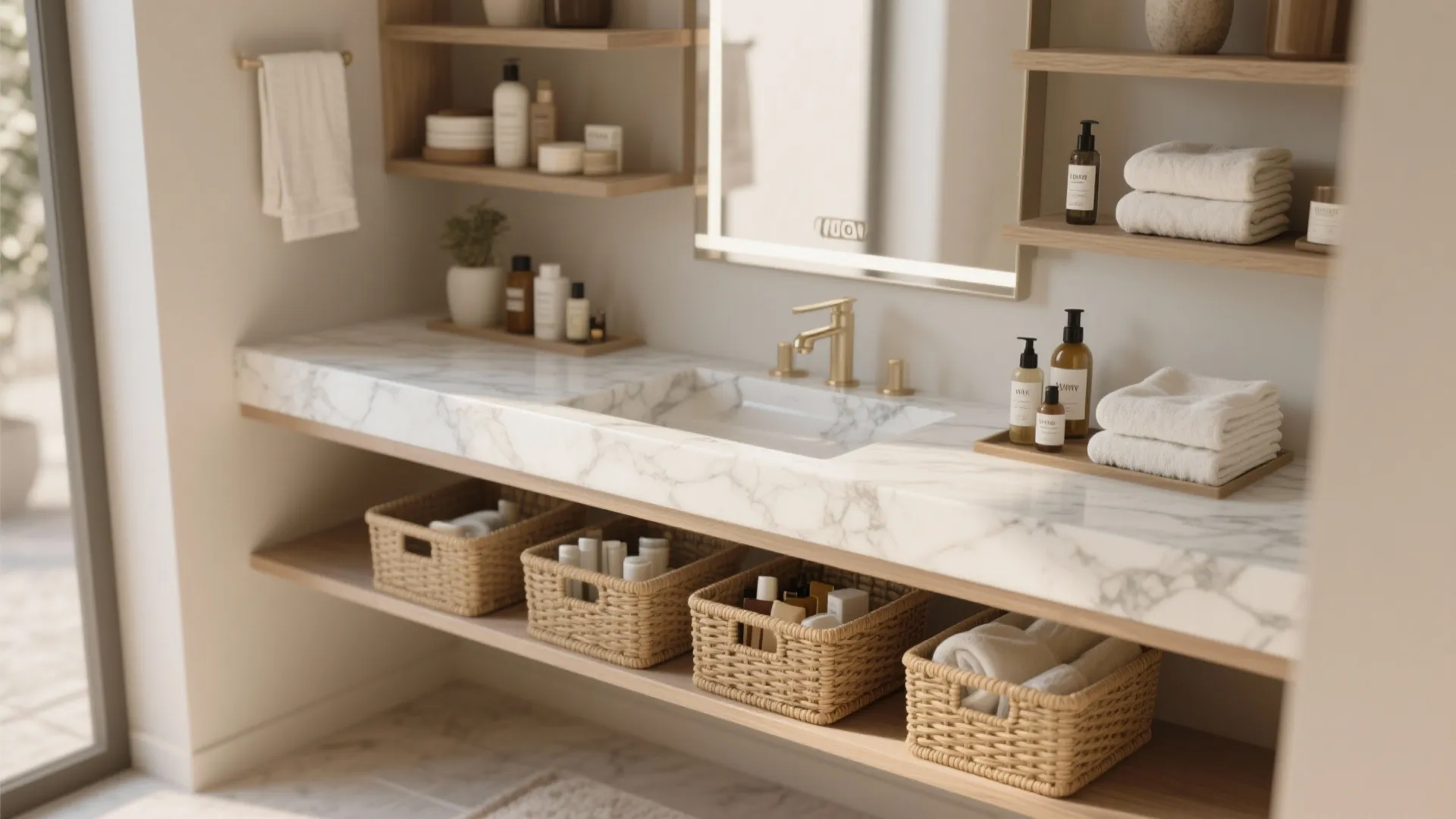 5. Open-Shelf Vanity with Marble Top and Storage Baskets