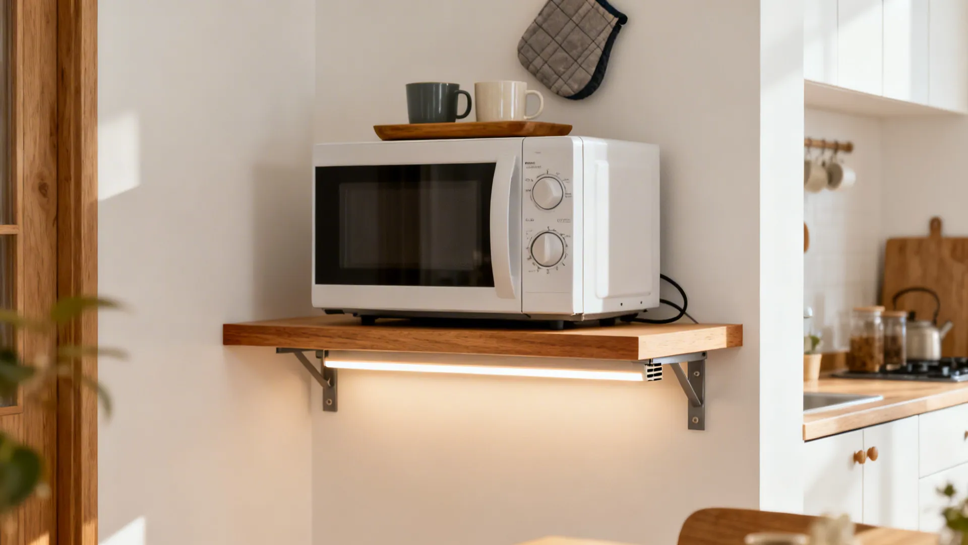 Open shelf with microwave, LED light rail, and rear vent gap in a warm, airy kitchen.