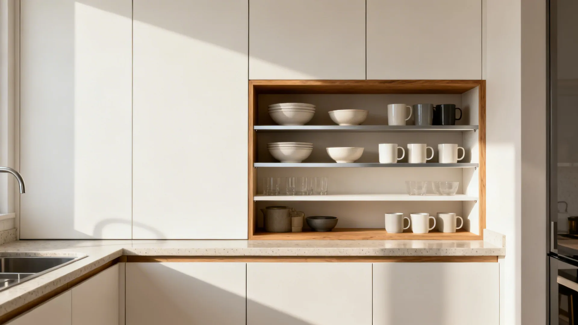 Small kitchen with mostly closed uppers and one open middle shelf for daily items.