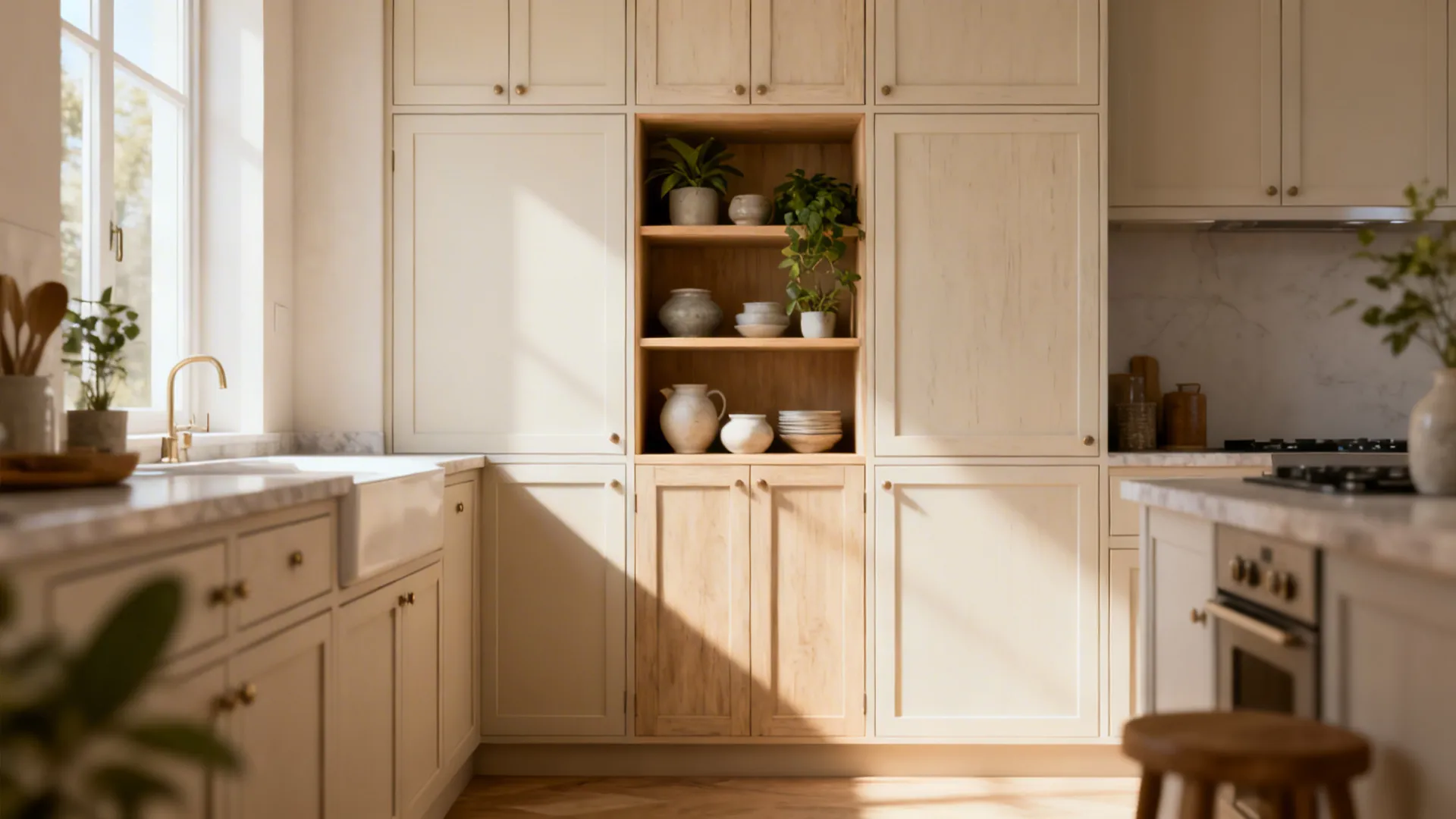 Small kitchen combining replaced cabinet doors with an open shelf displaying ceramics and plants.