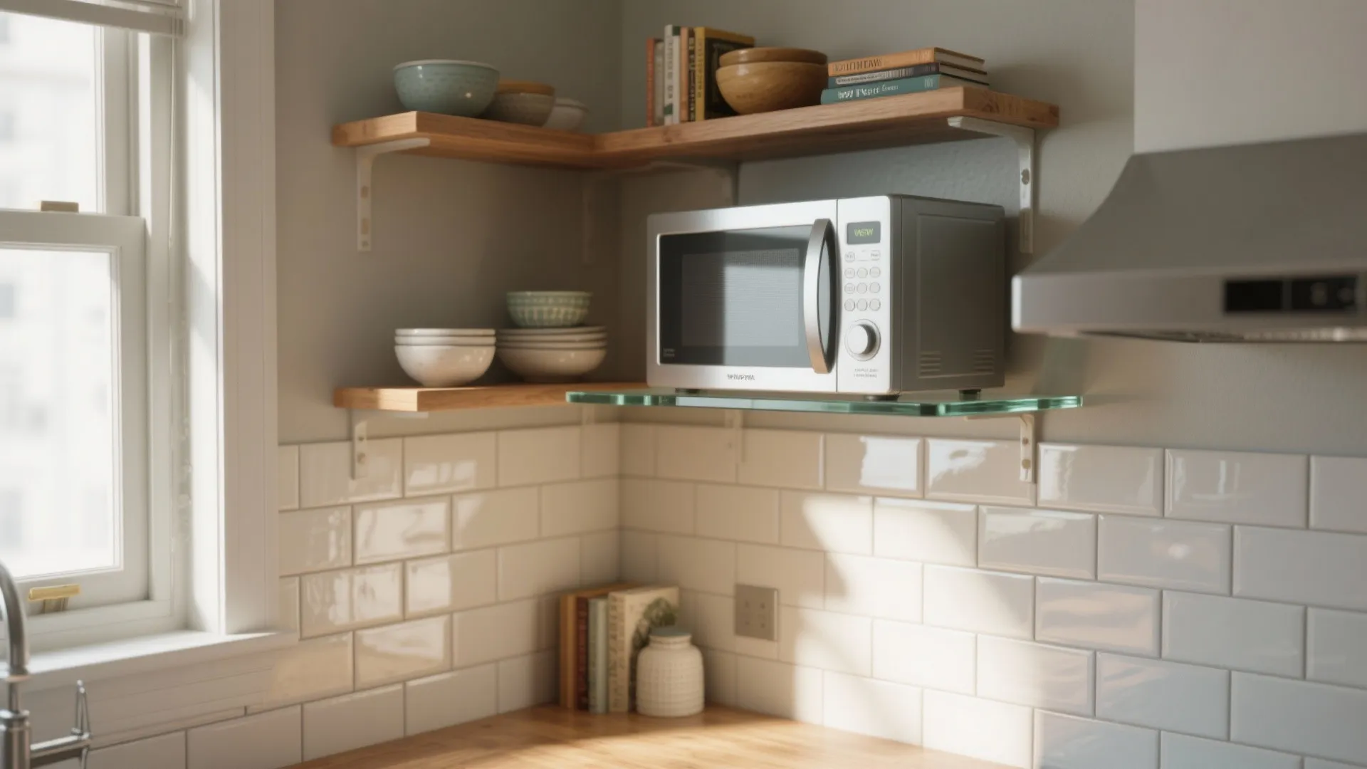 Kitchen corner with microwave on glass shelf beside wooden wall shelves holding bowls and books