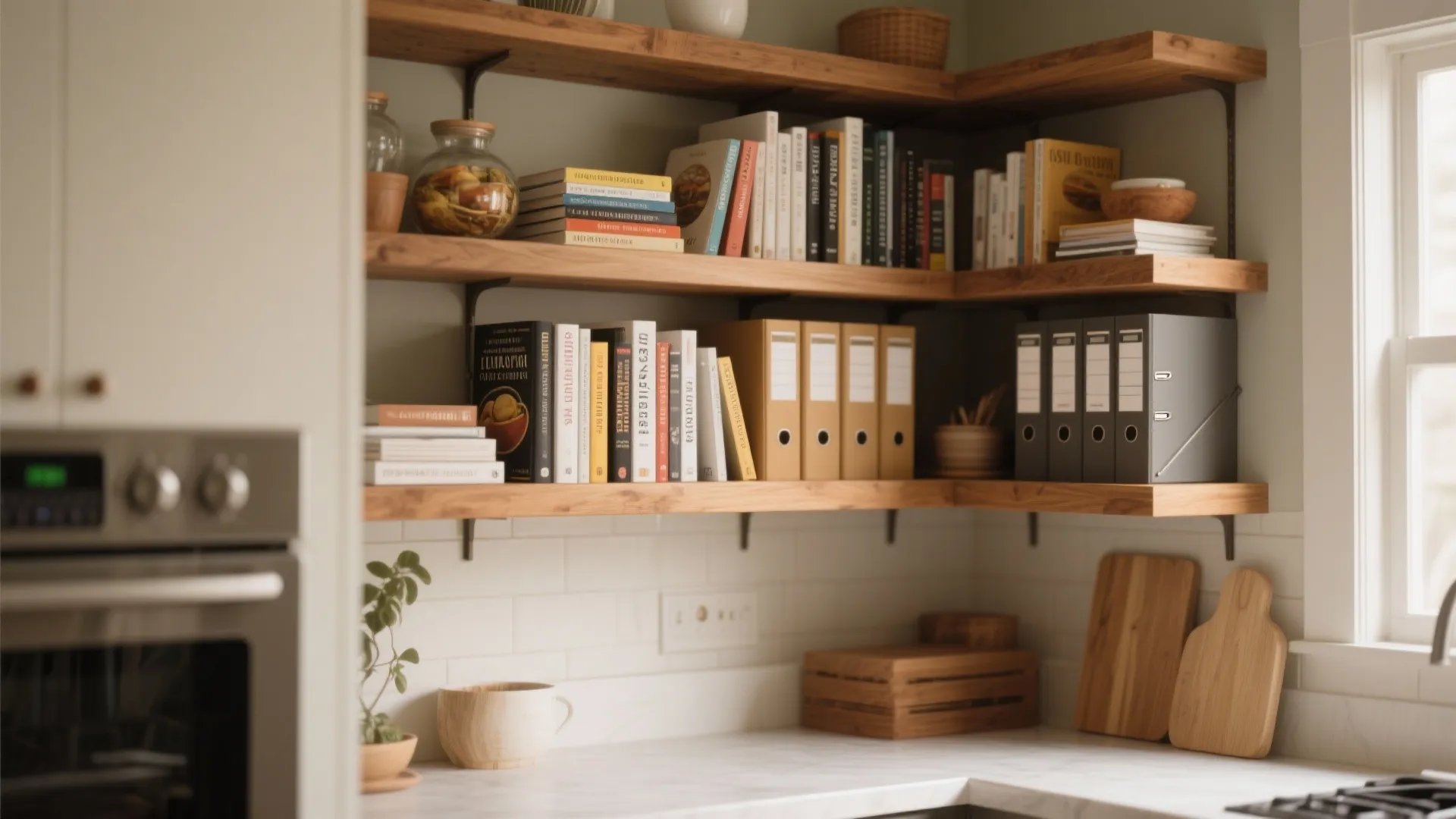 Kitchen corner with wooden wall shelves holding books and folders above a clean white countertop