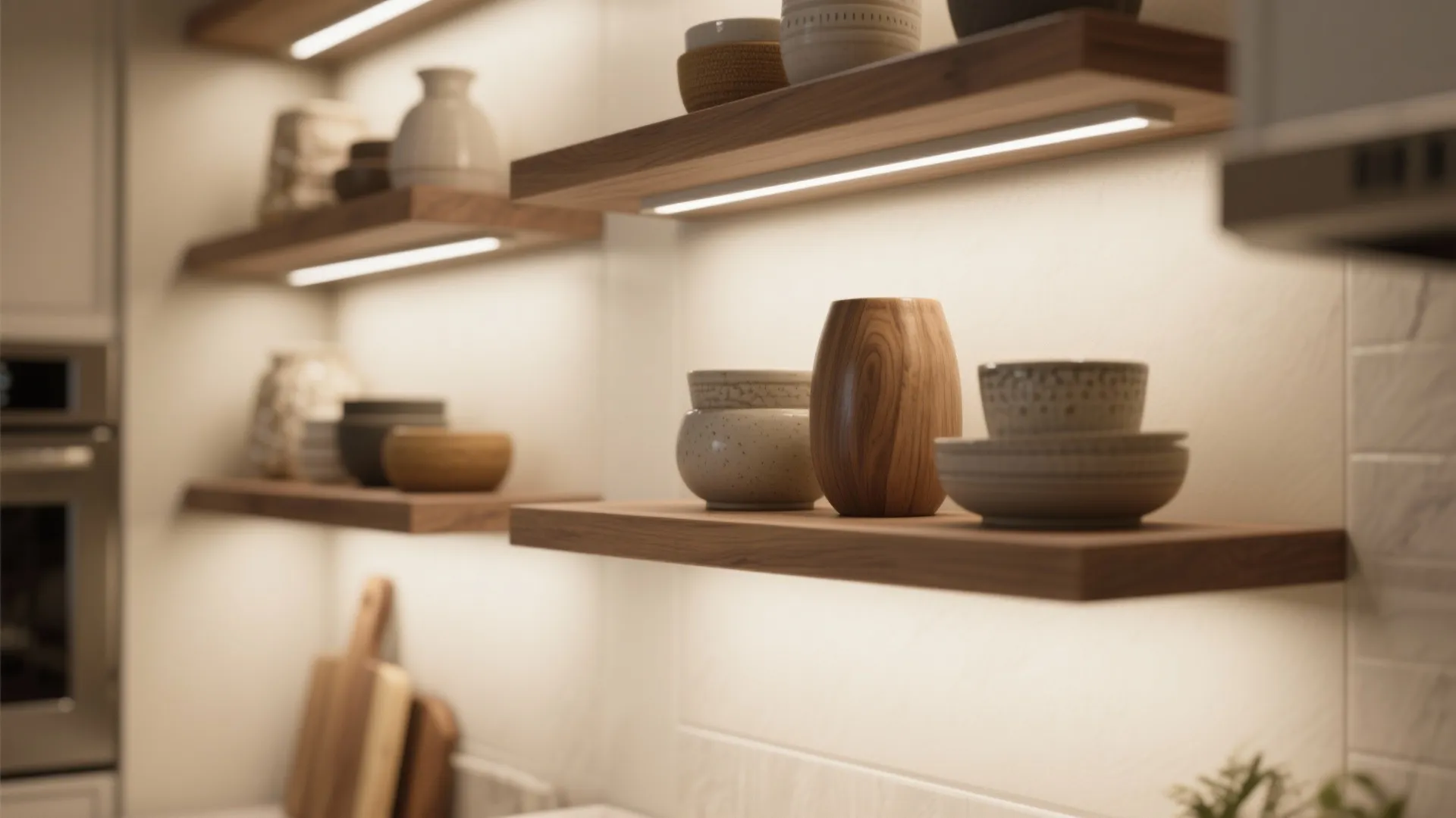 Modern kitchen with wooden wall shelves featuring built in light strips and decorative ceramic bowls