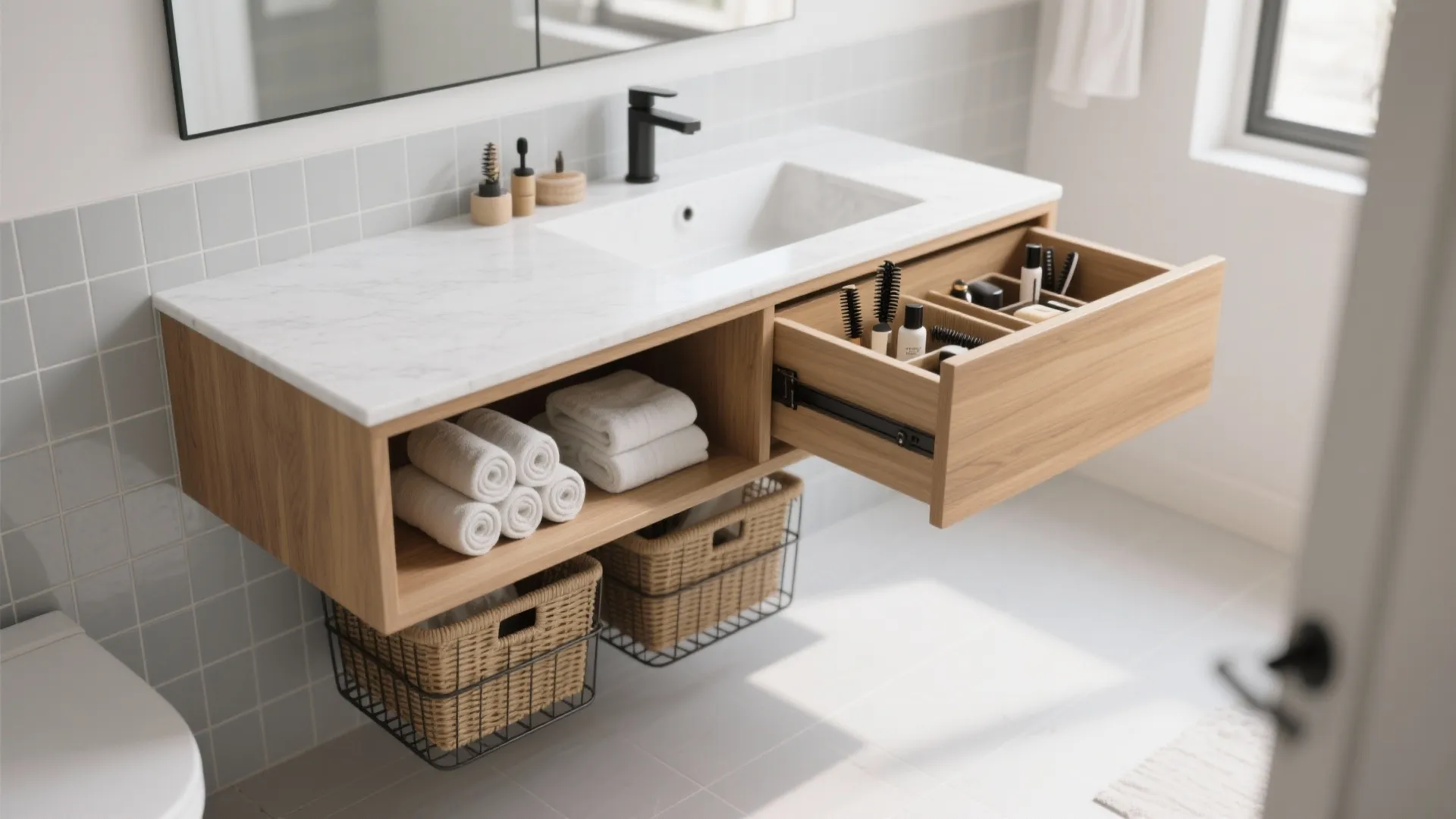 5) Open Shelf Below + Hidden Organizer Above