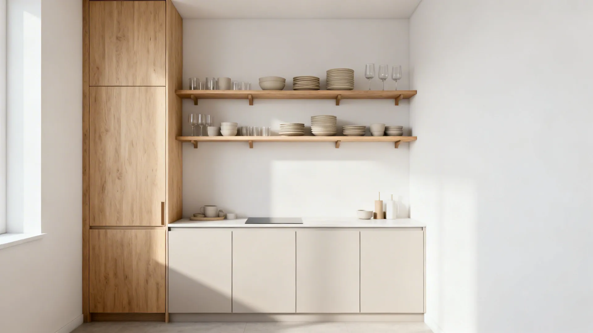 Minimalist kitchen pantry featuring tall wood cabinet white base cabinets and two long wooden open shelves