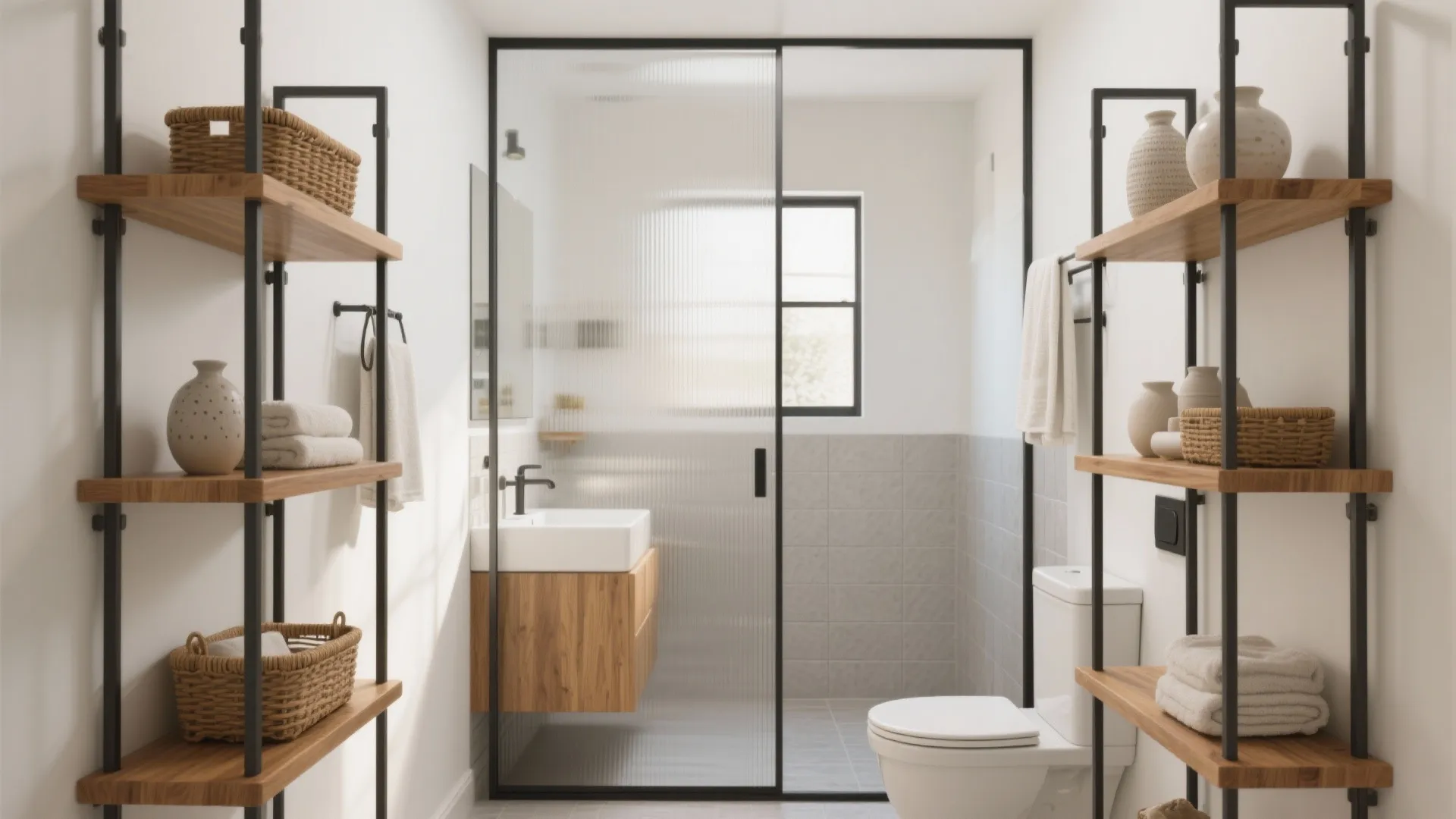 Modern white bathroom featuring wooden open shelves with baskets and a black frame shower door