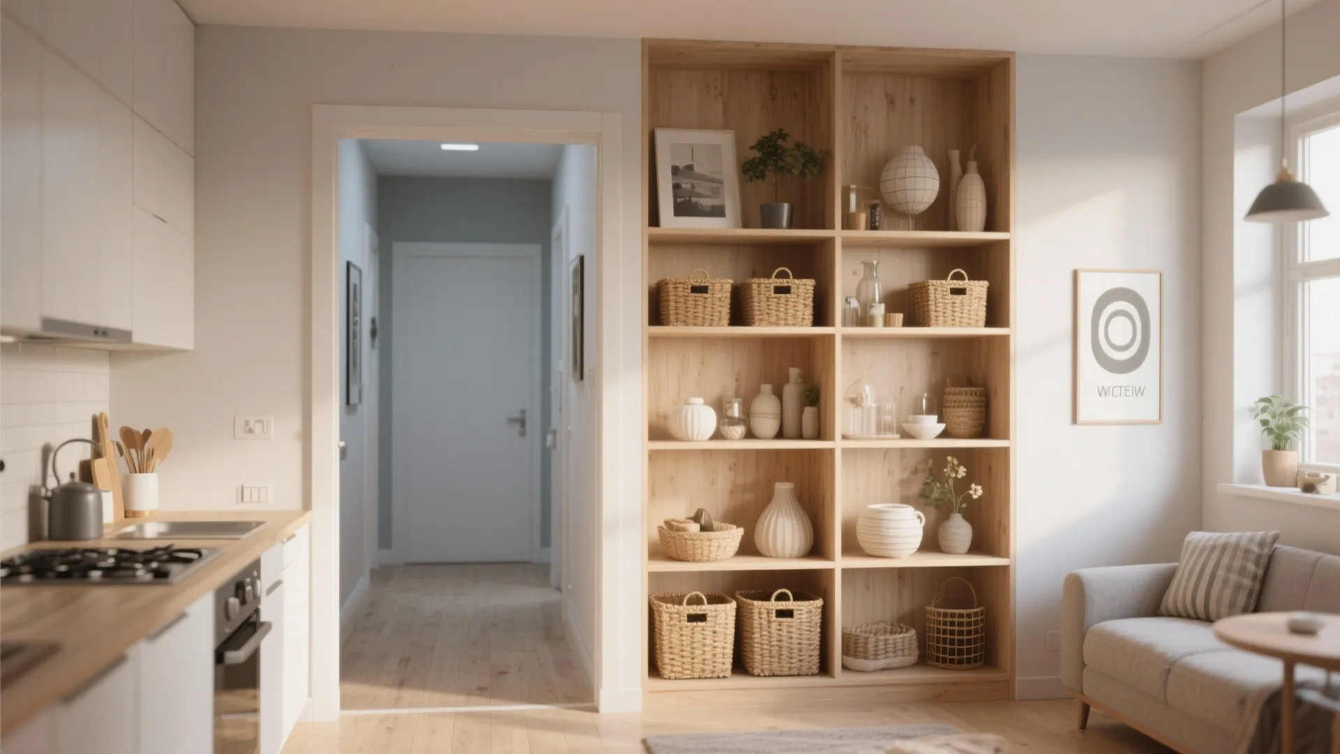 Open wooden bookshelf with storage baskets serves as a room divider between kitchen and living room