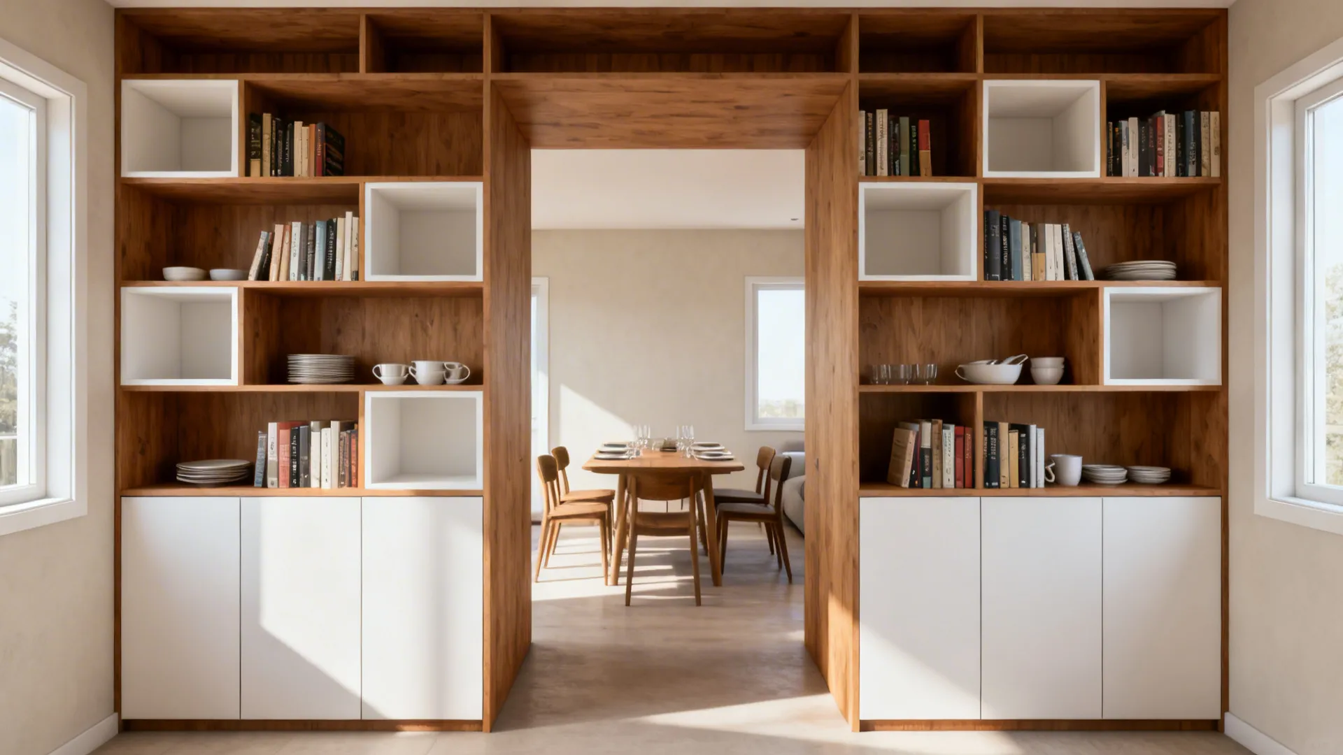 Open Shelving Partition with Storage