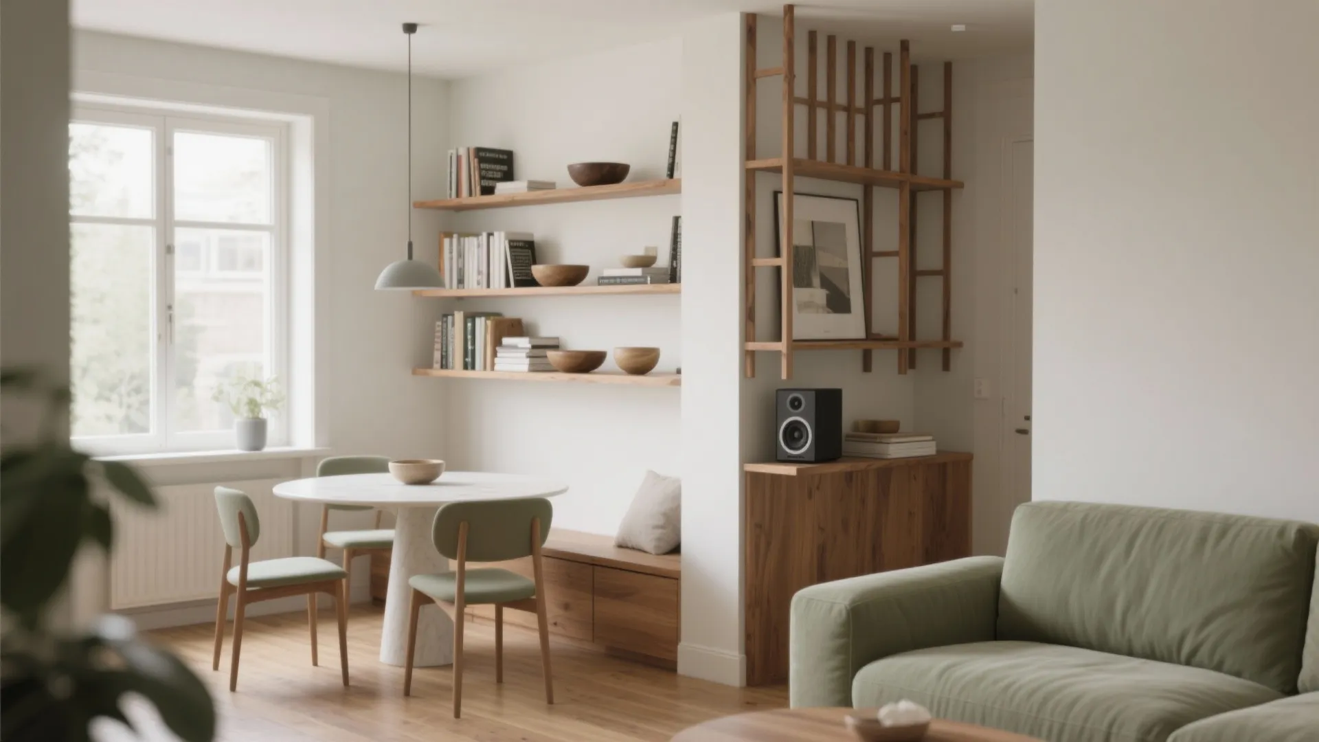 Open-shelf pony wall in oak separates living and dining while keeping sightlines wide.