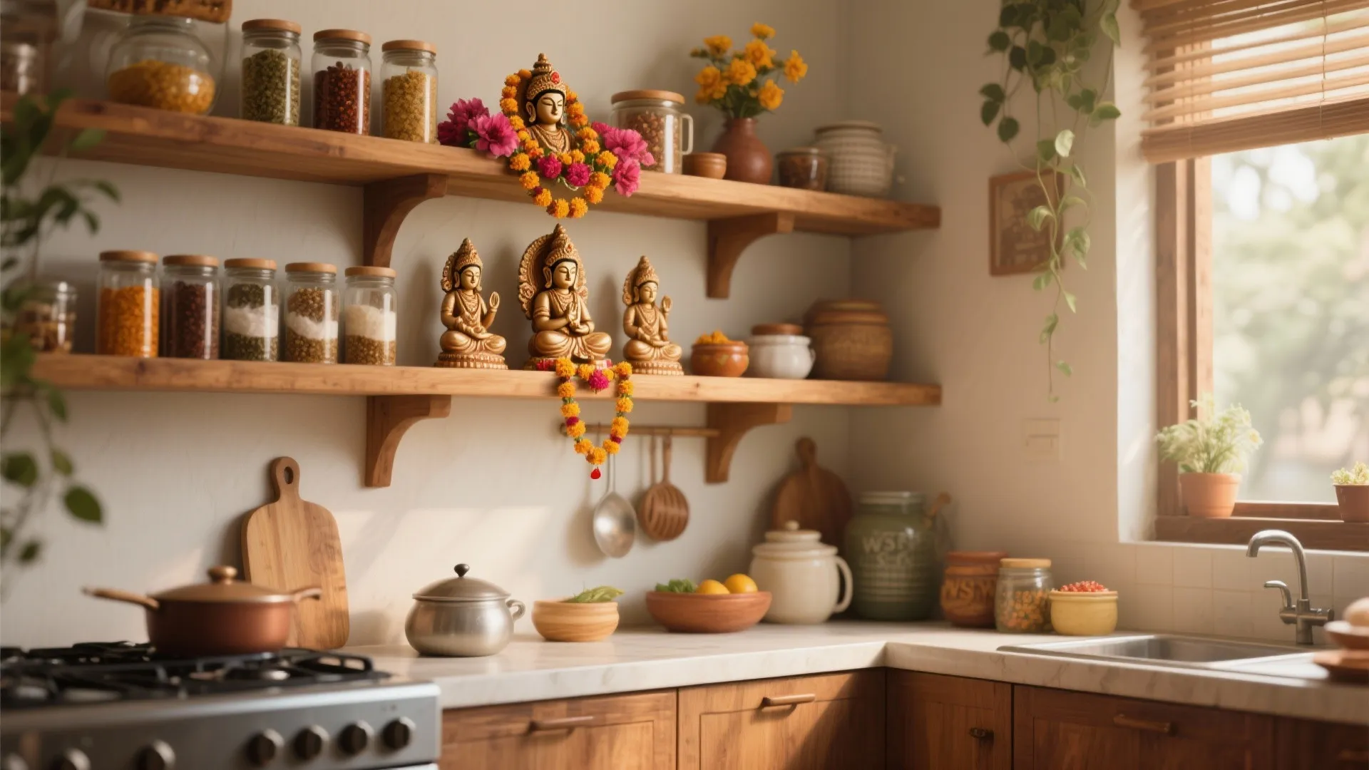 Wooden kitchen shelves holding glass jars and small religious statues with flower garlands and plants