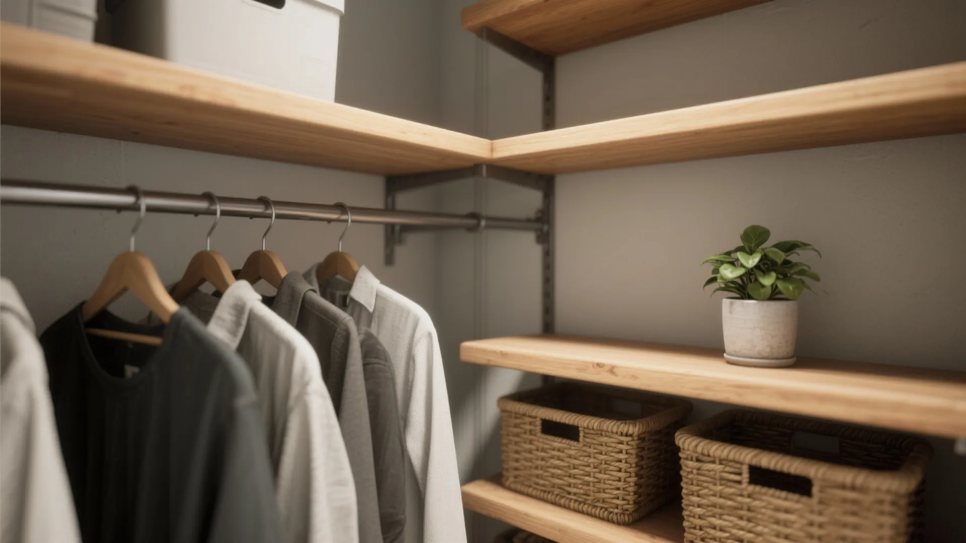 Open shelving with integrated hanging rail