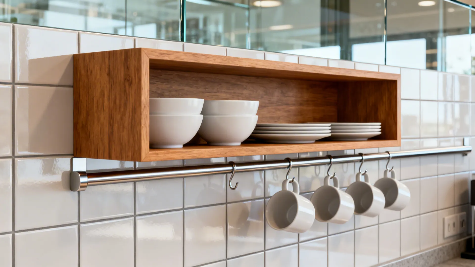 Open shelf with bowls and plates above a rail of hooked mugs over a compact counter.