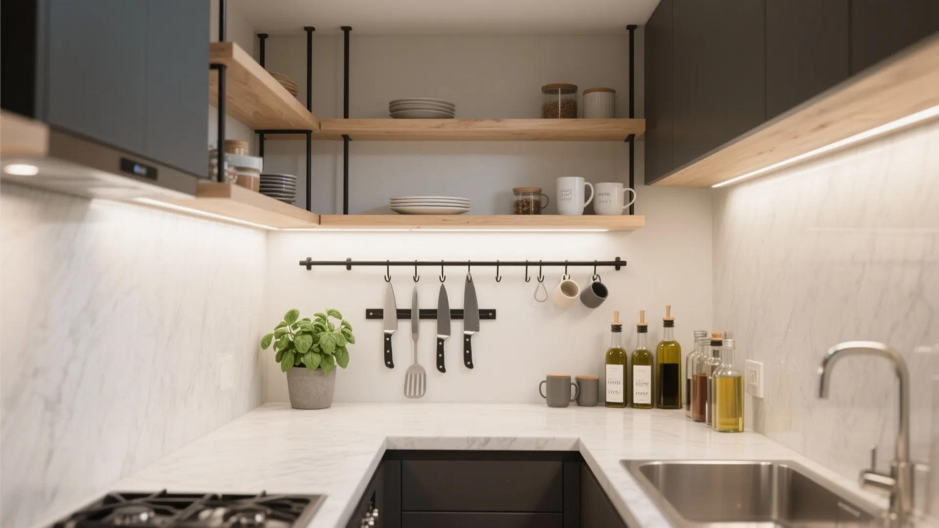 2) Open-shelf meets rail: the “chef’s strip” wall