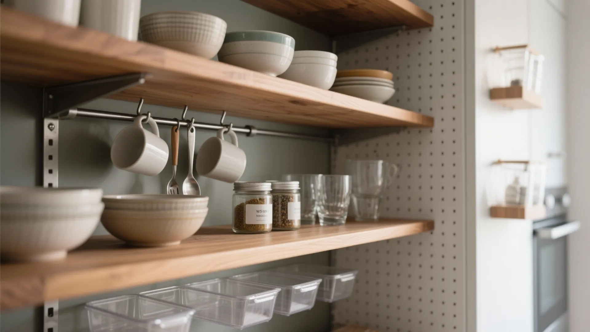 Wooden open shelves with neatly organized bowls, glasses, spice jars, and hanging white coffee mugs