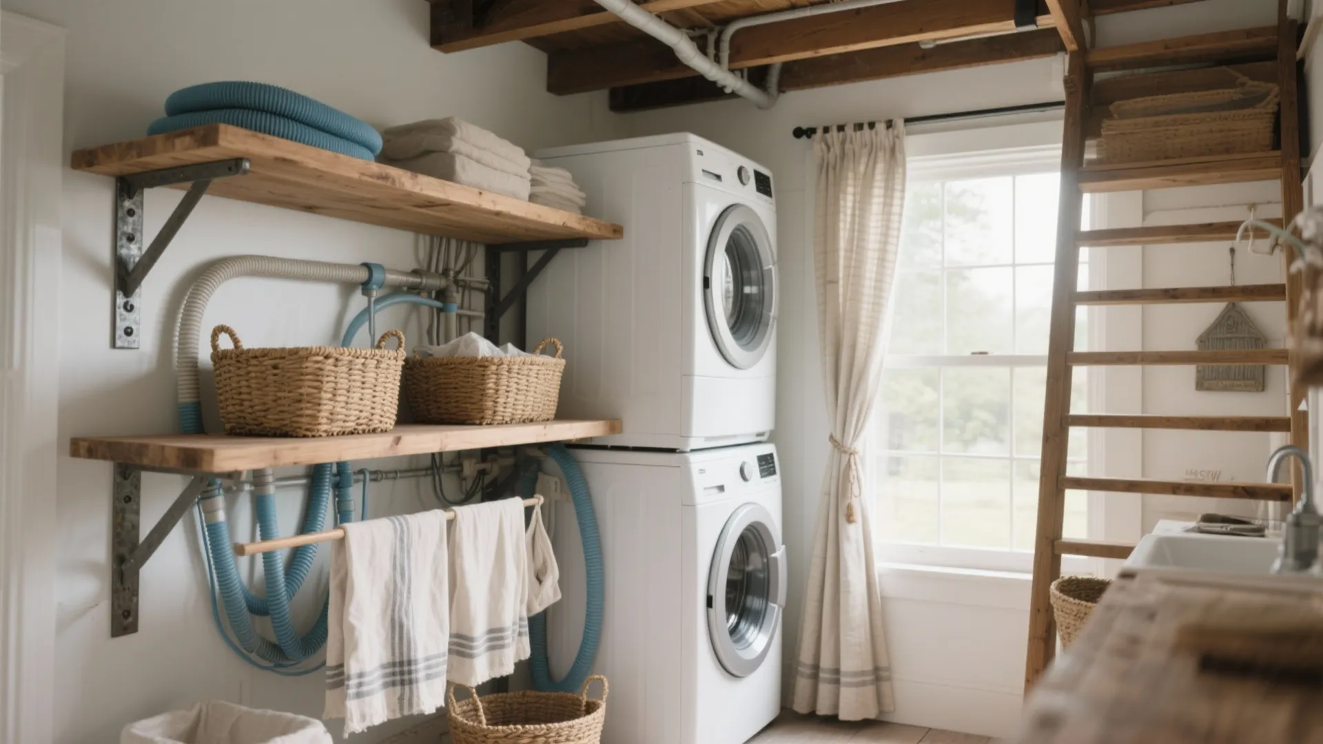 Rustic laundry room with stacked machines wooden open shelves woven baskets white curtain and natural light