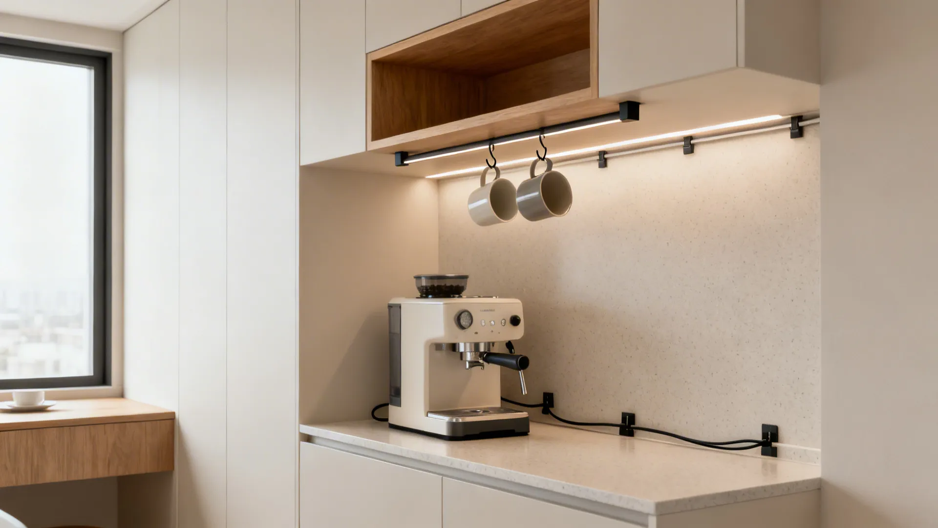 Minimal open-shelf coffee station over a narrow counter with hooks and under-shelf lighting.