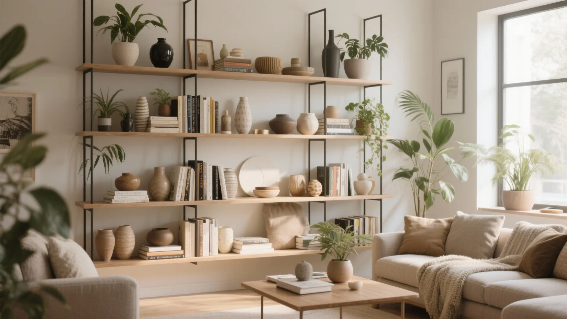 Open wooden wall shelves filled with books plants and vases next to a comfortable beige sofa
