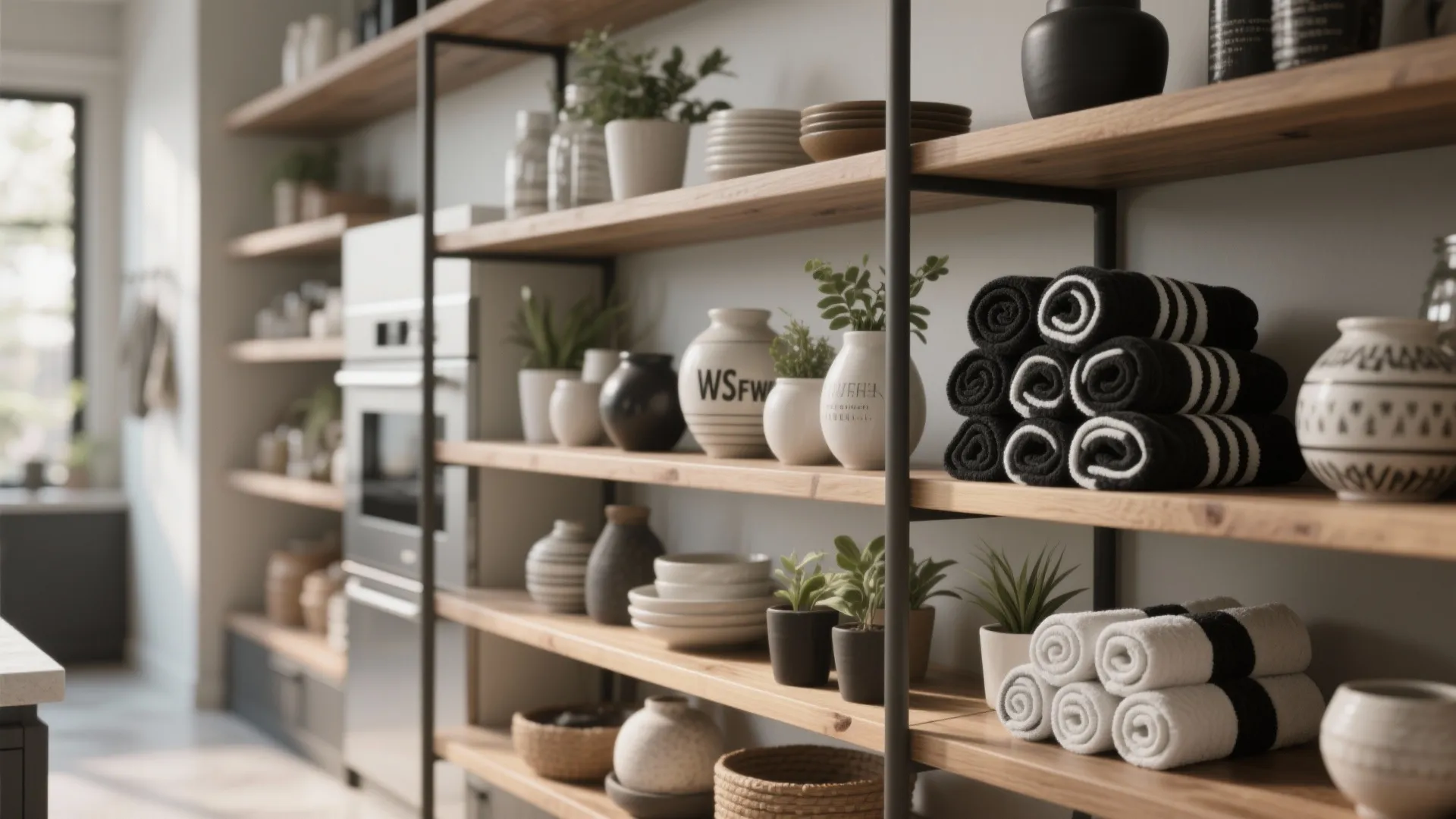 Open wooden shelves with black frame holding decorative vases small potted plants and rolled towels
