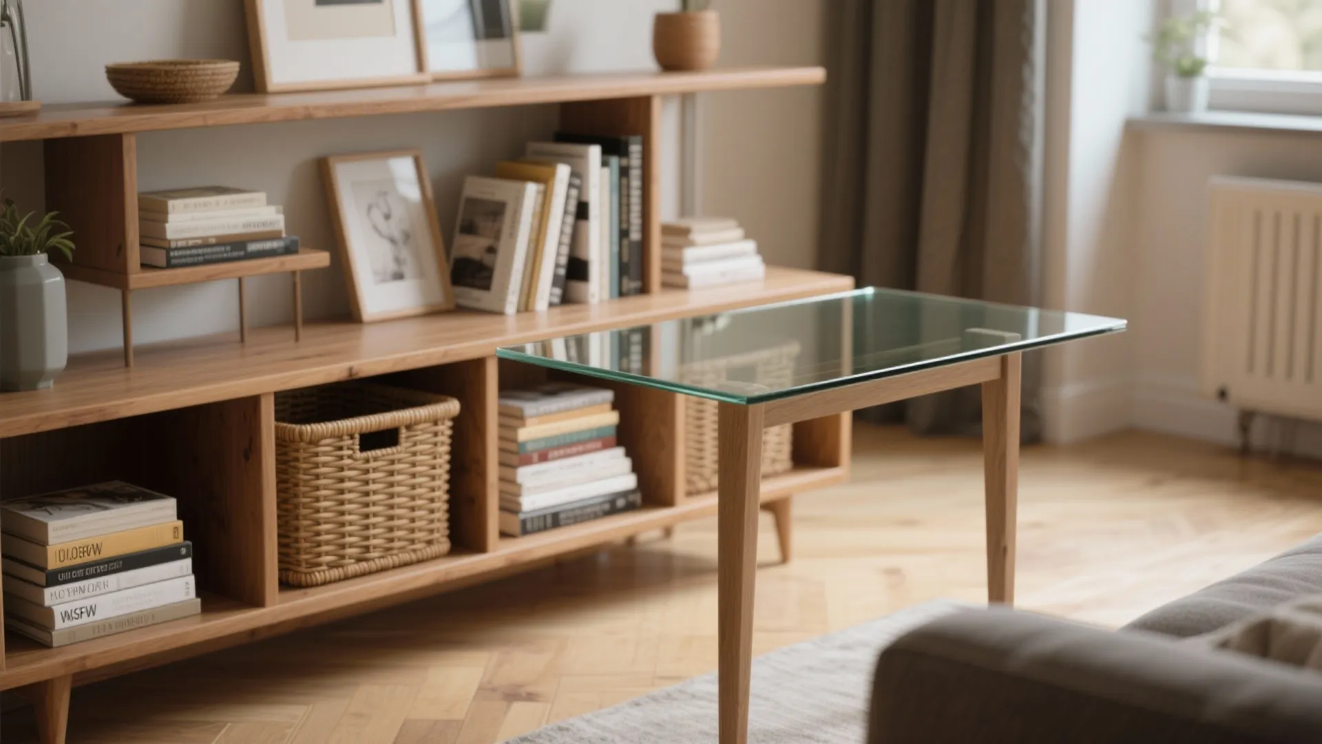Glass tabletop over an open wood shelving base with baskets and books providing storage and display.