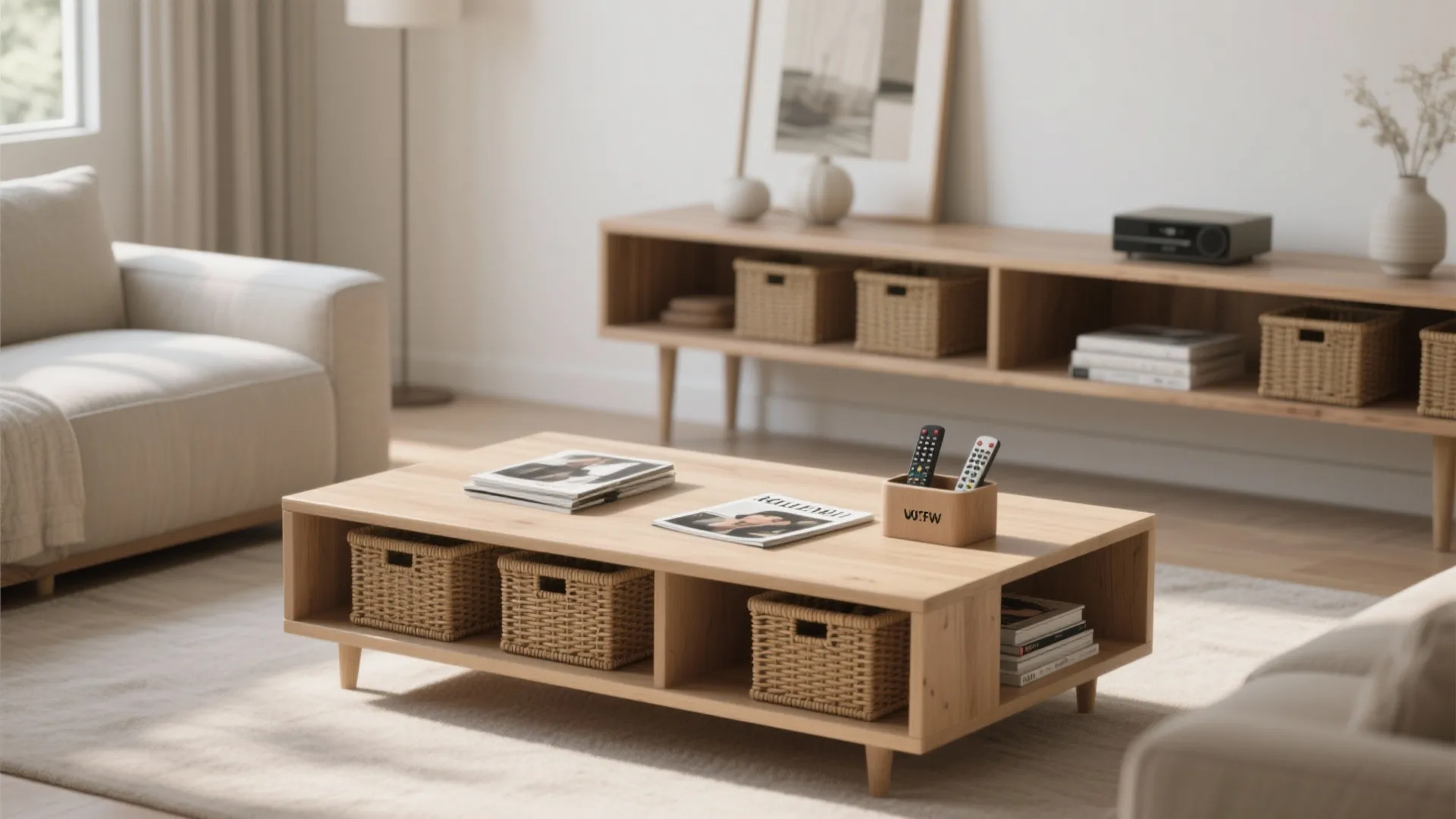 4. Open-shelf coffee table with baskets