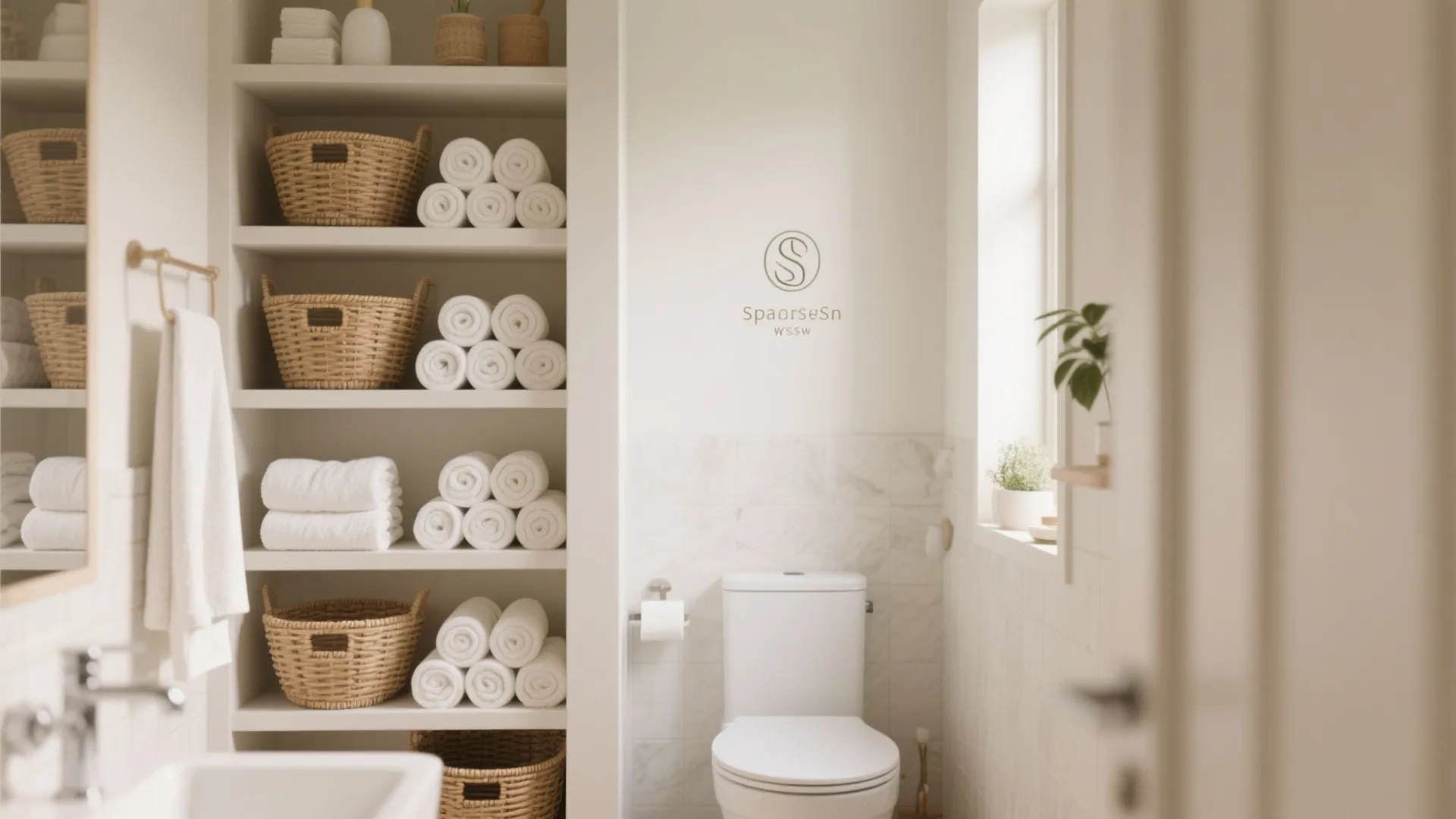 Open shelf tower with towels and baskets in a bathroom