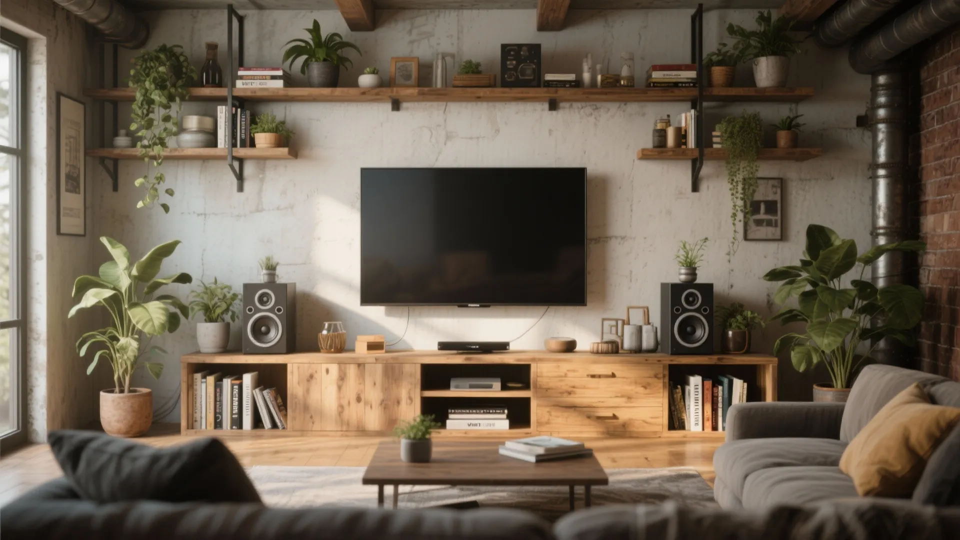 Open wooden shelf under wall-mounted TV