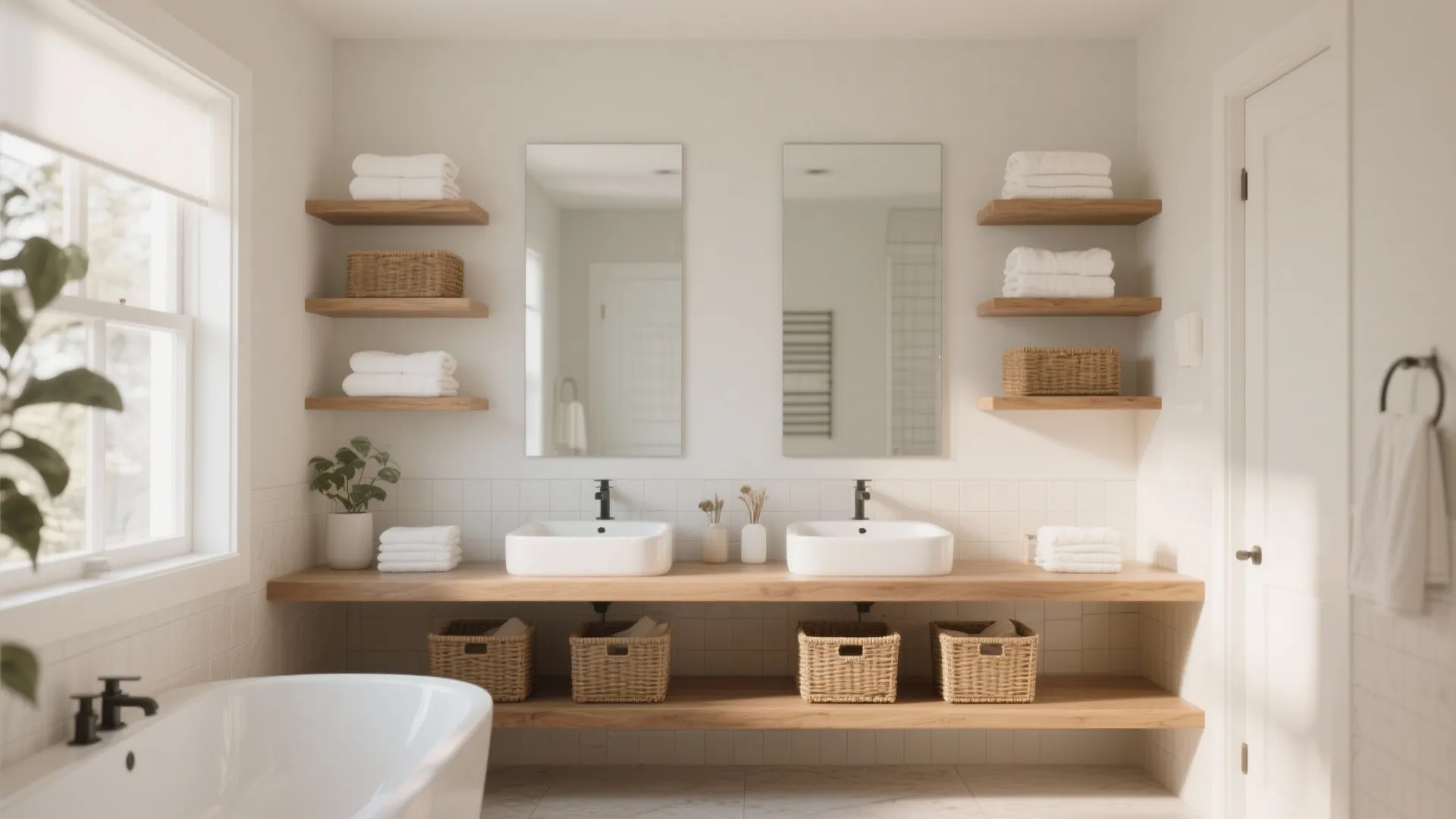 Modern bathroom with double white sinks on wooden counter, open shelves, baskets, and white bathtub