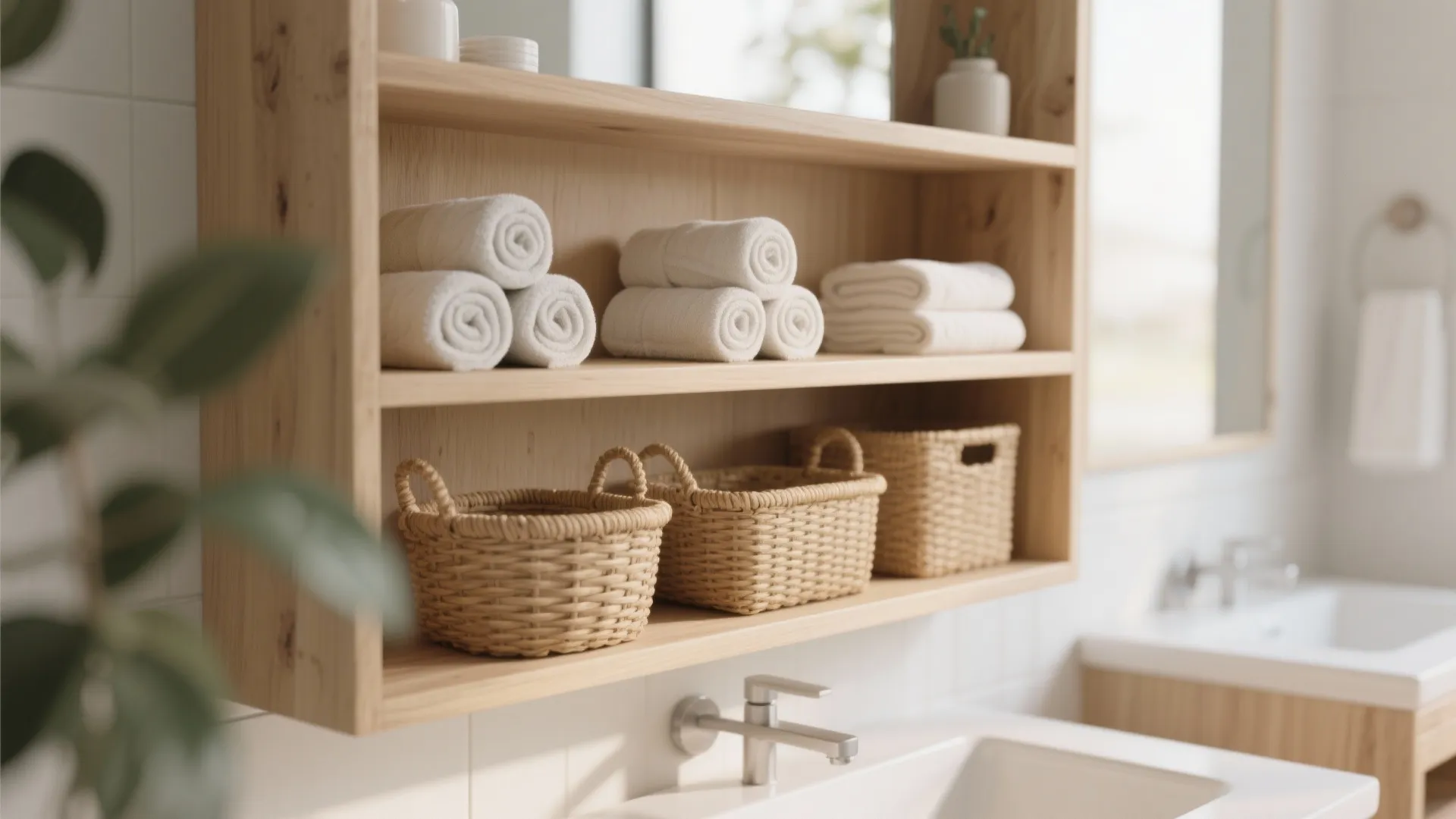 Open wooden bathroom shelf holding rolled white towels and woven baskets above a clean sink