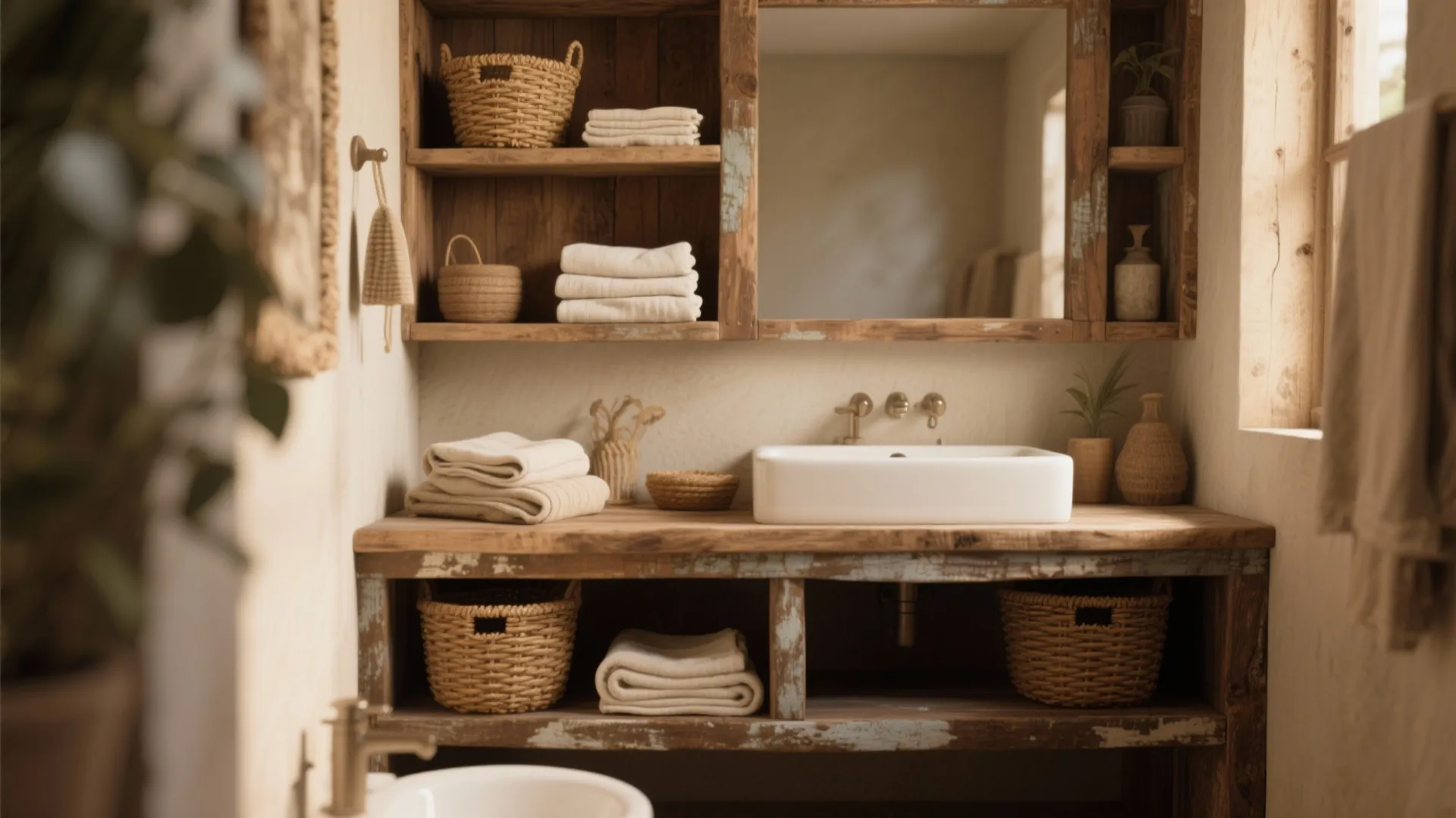 Rustic bathroom vanity with open shelves and storage baskets