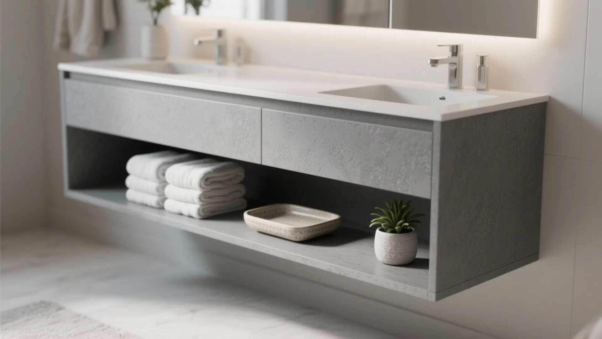 2. Integrated open shelving with a 30" grey vanity