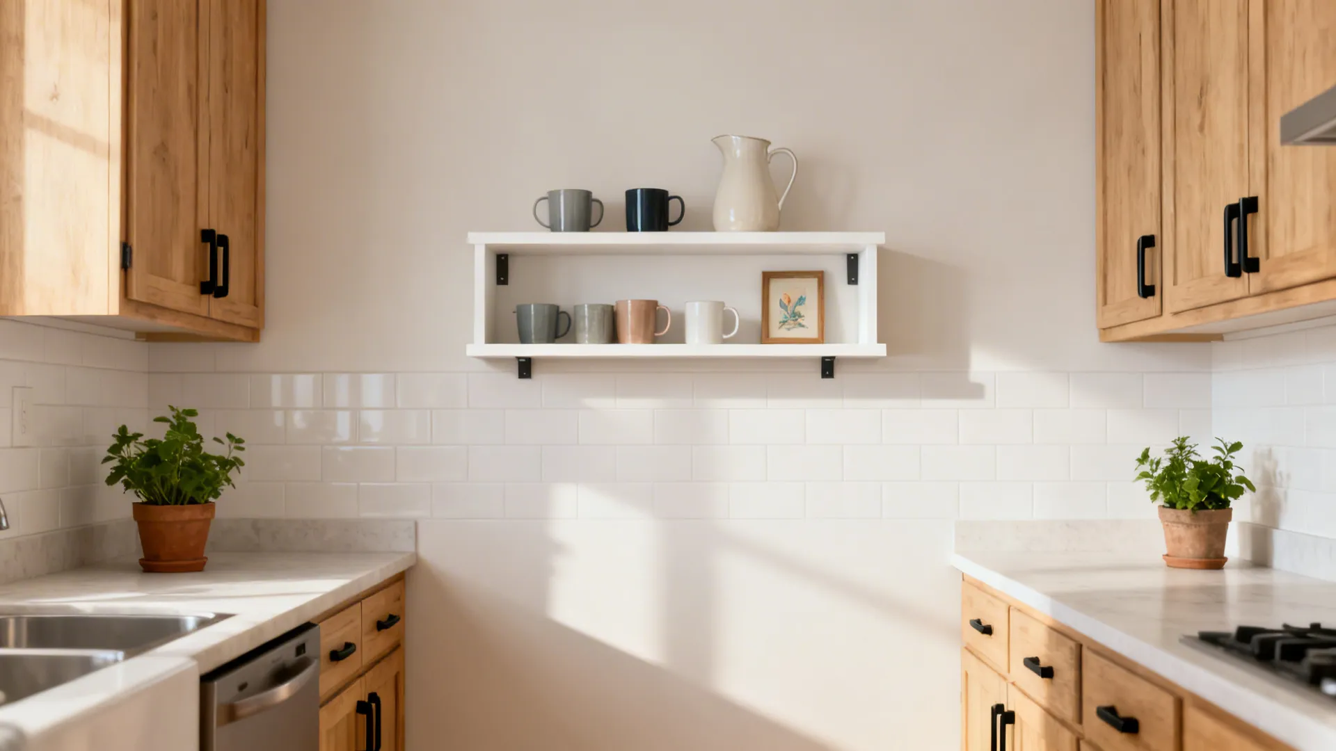 Open floating shelf styled with mugs and a small artwork in a light oak galley kitchen.