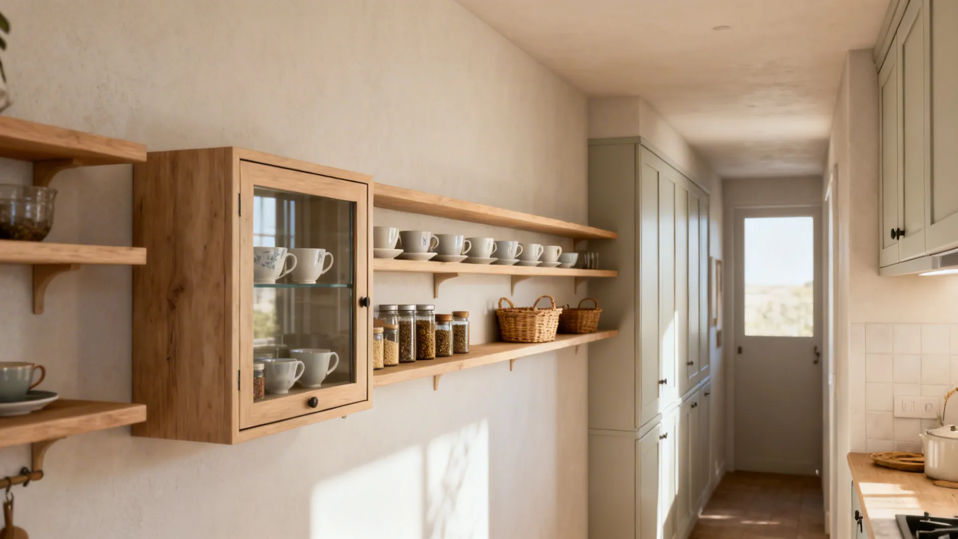 Long wooden wall shelves holding coffee mugs and glass jars next to small glass cabinet